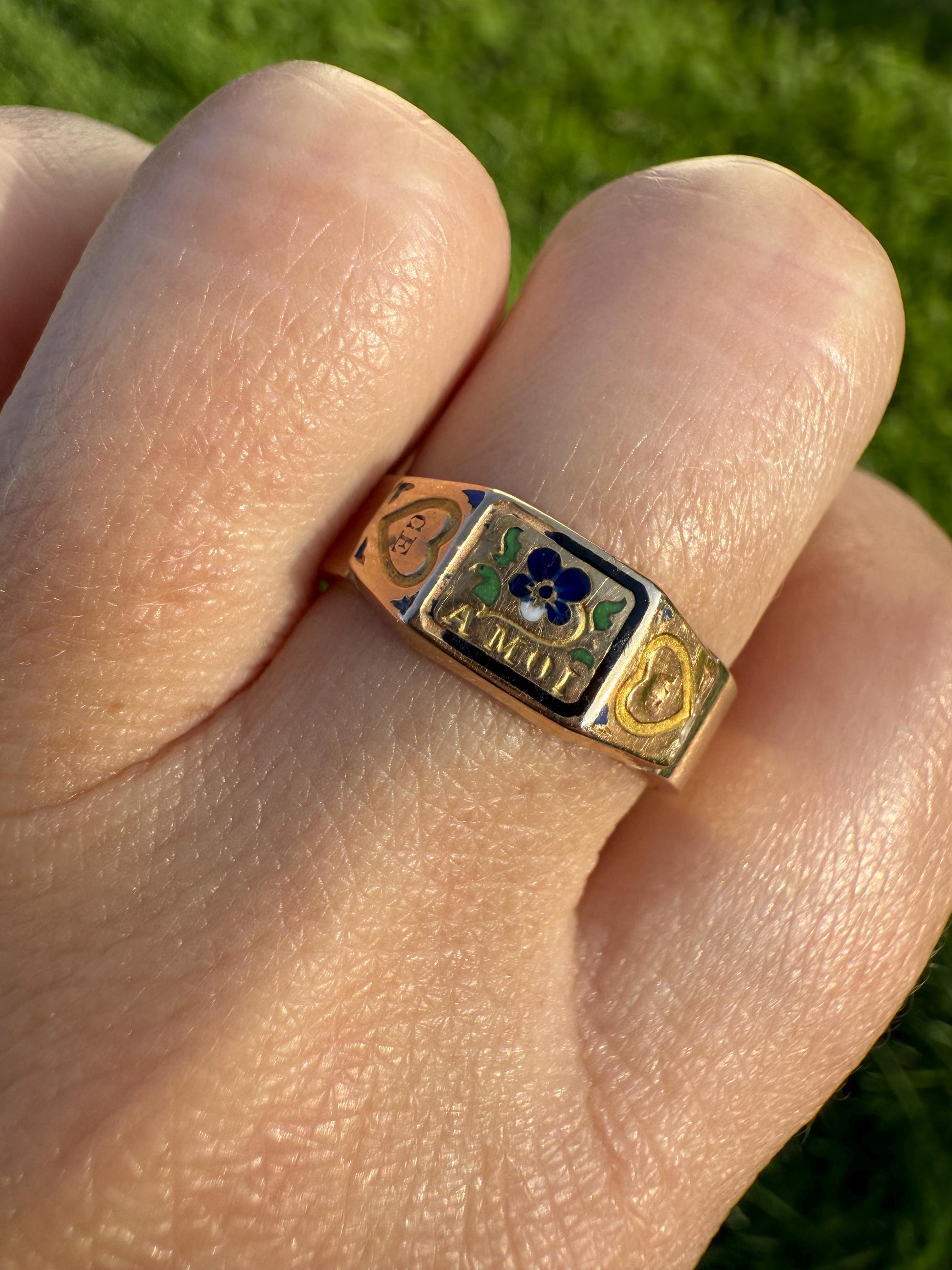 PANSY "Pensée a Moi" Think of Me Blue Green Enamel Heart Ring French 18k Gold 10k Cigar Wide Band Shank Floral Figural Stacker Romantic Gift