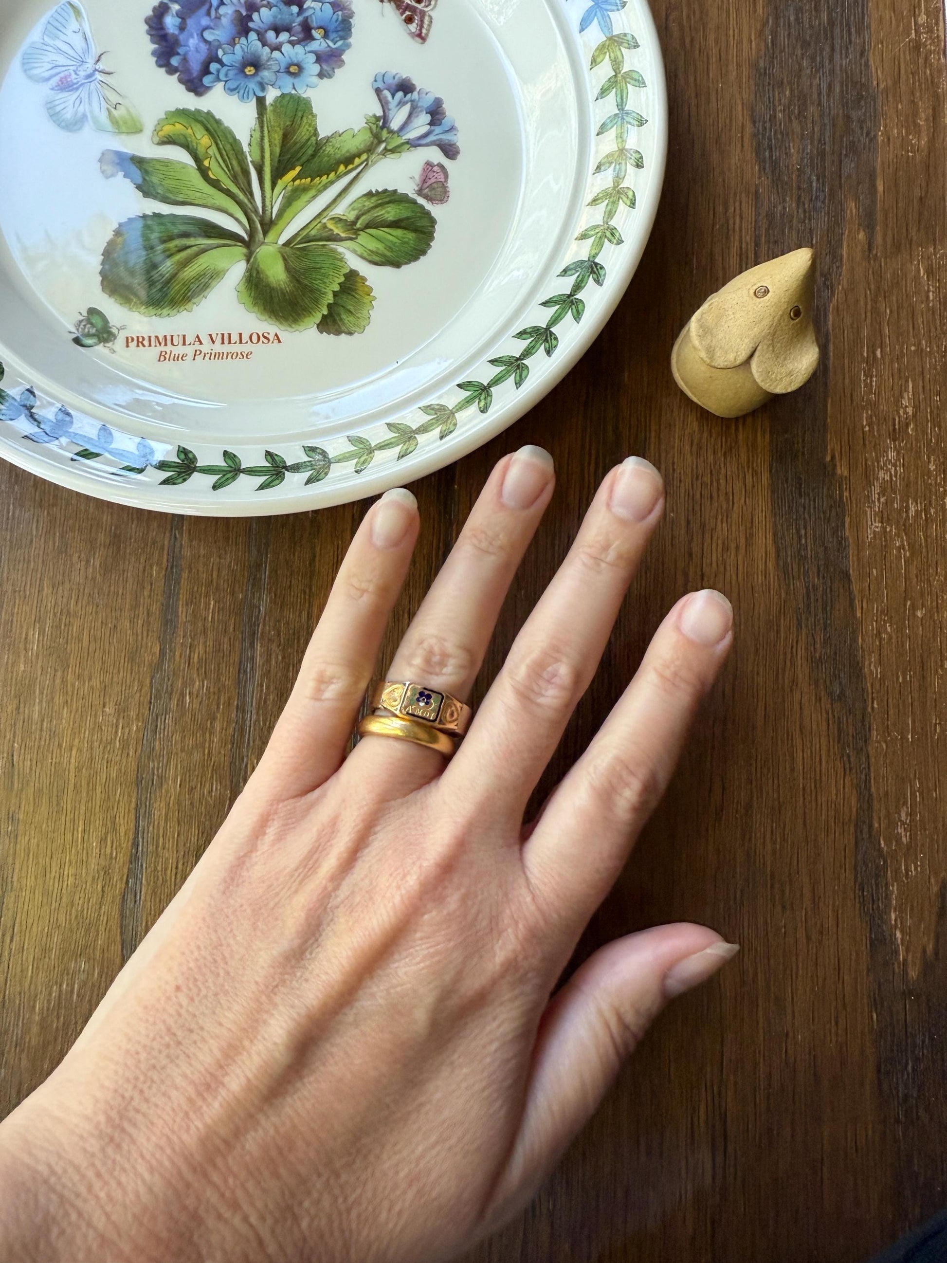 PANSY "Pensée a Moi" Think of Me Blue Green Enamel Heart Ring French 18k Gold 10k Cigar Wide Band Shank Floral Figural Stacker Romantic Gift