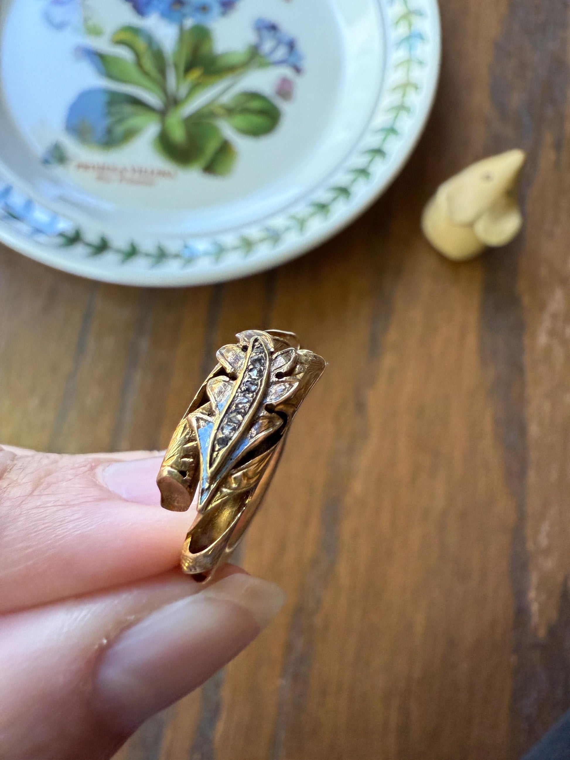 BRANCH Vine Leaf Wood Tree Rose Cut Diamonds Figural Victorian Band 14k Gold Figural Ring Comfort Fit 3D Donut Stacker Band Sentimental Gift