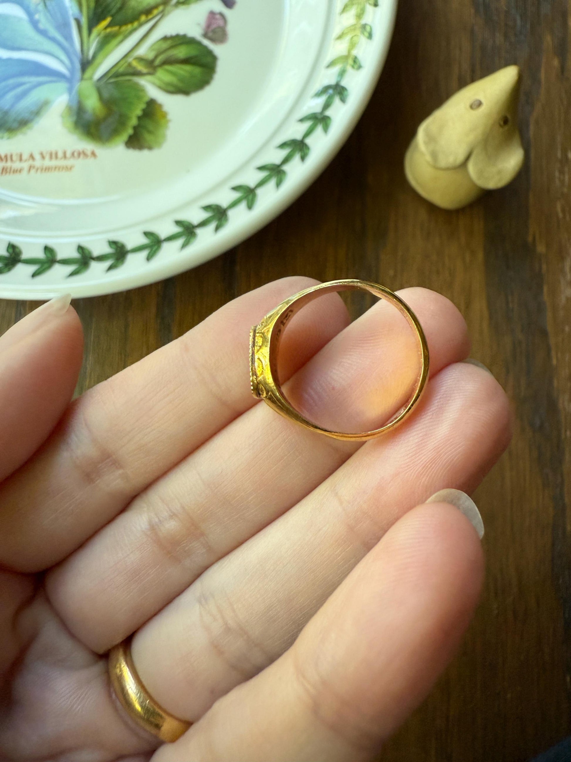 FLOWER Antique Blue Green Enamel Signet Ring 18k Gold Piecrust Linear Wide Band Shank Floral Figural Stacker Romantic Gift
