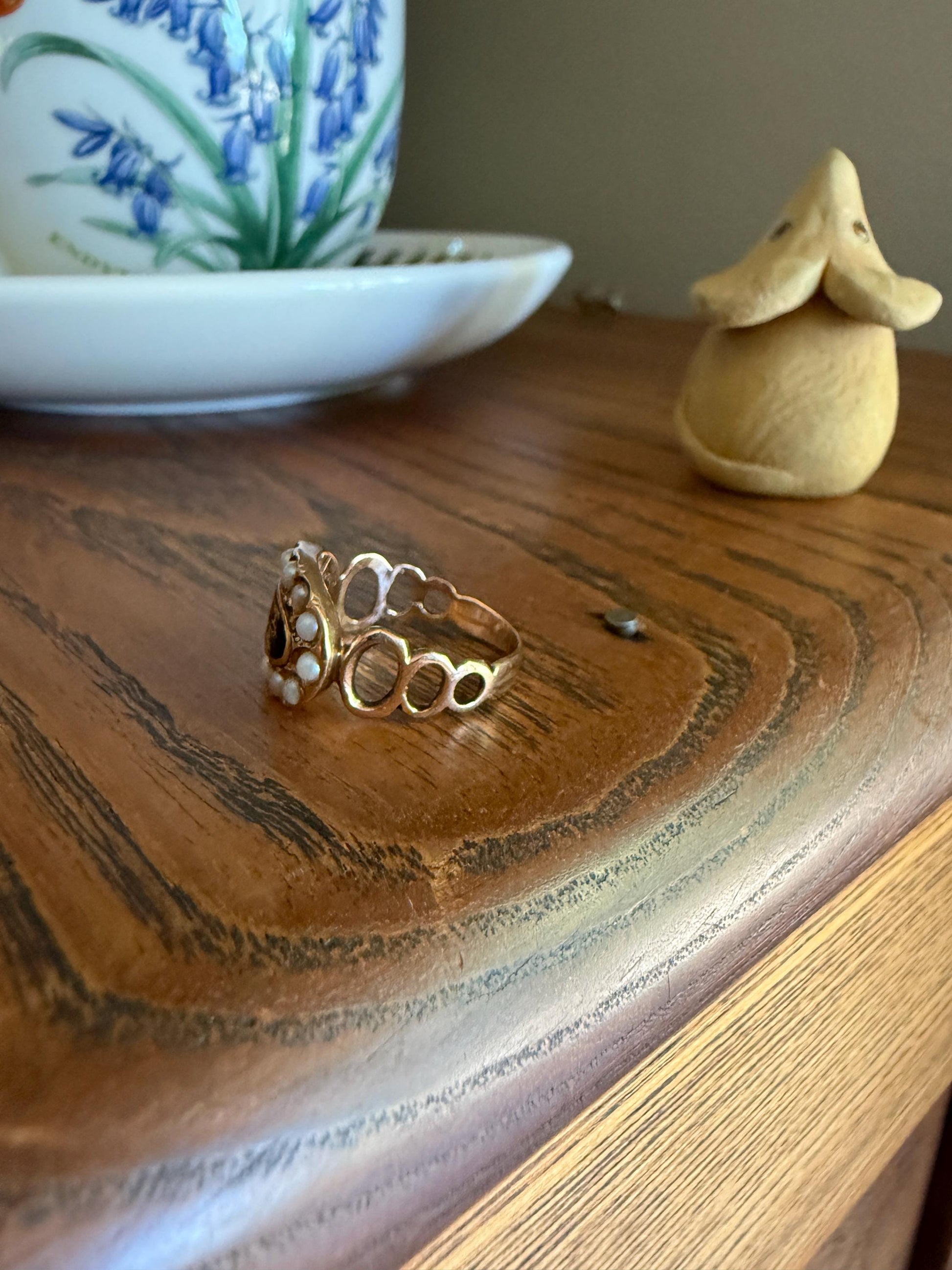 He Was Loved "Il Fut Aimé" Georgian Era French Mourning Ring Pearl Black Enamel 10k Gold Locket Back Sentimental Jewelry Gift Stacker