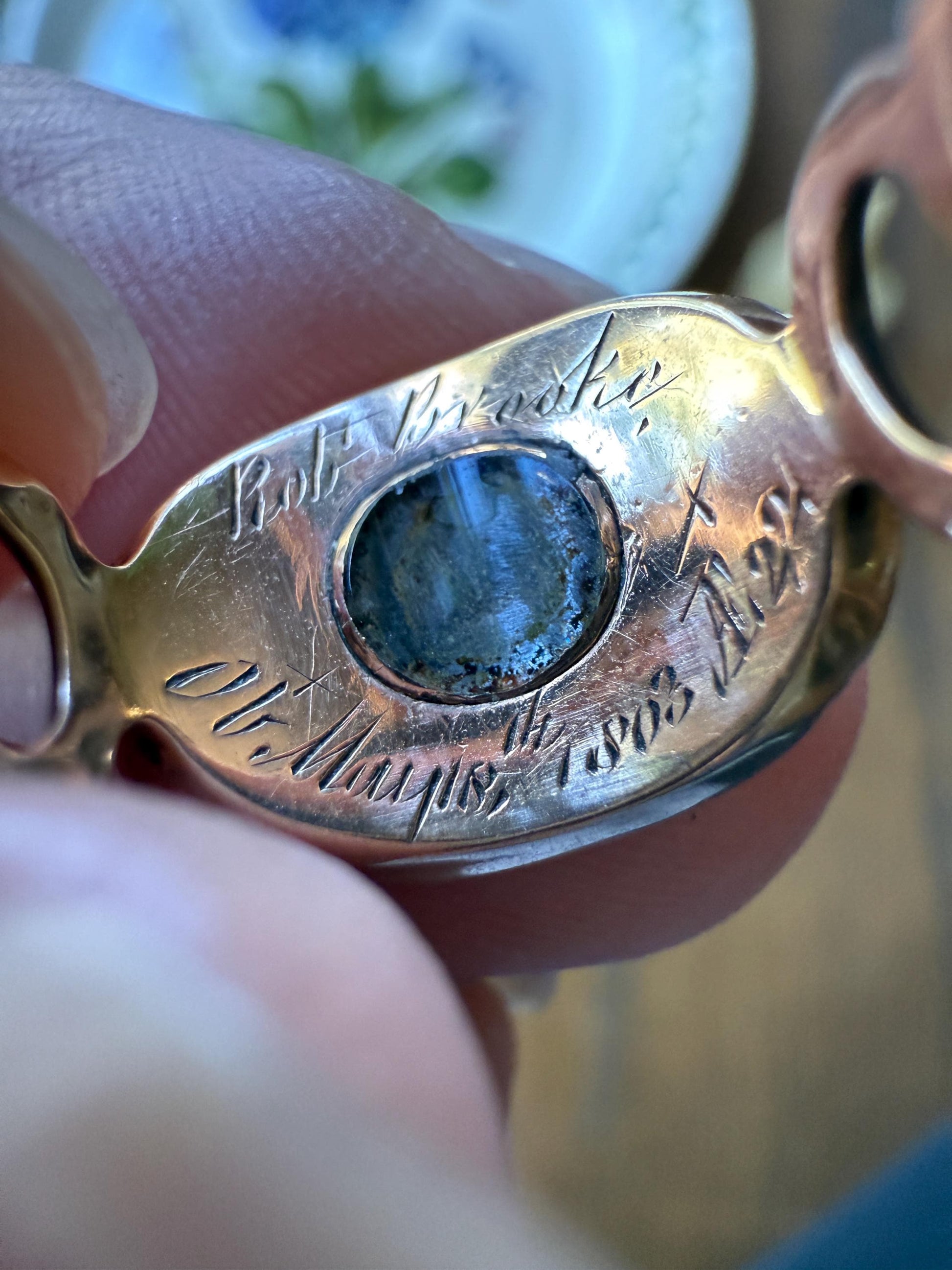 He Was Loved "Il Fut Aimé" Georgian Era French Mourning Ring Pearl Black Enamel 10k Gold Locket Back Sentimental Jewelry Gift Stacker