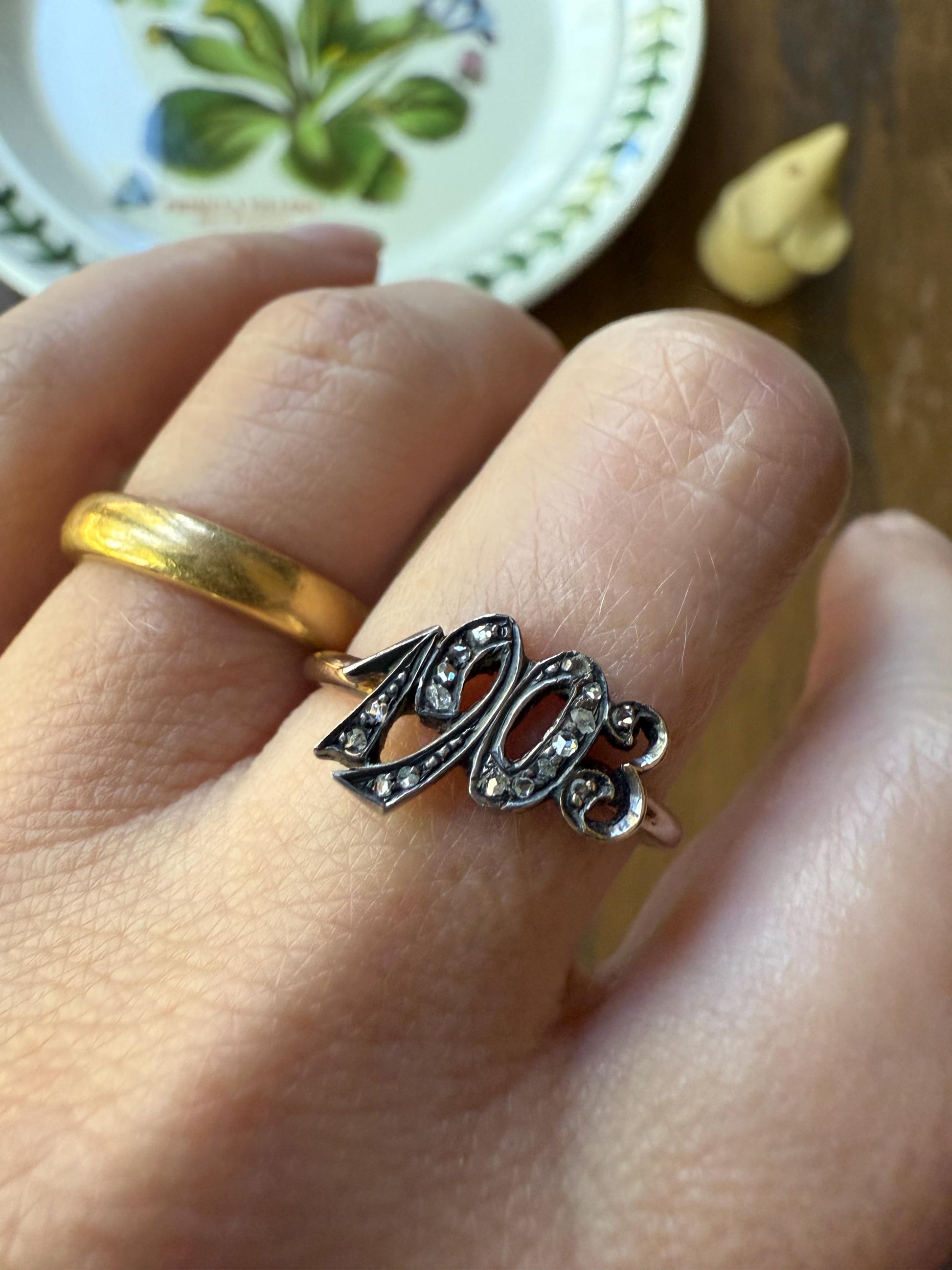 Date Ring 1903 Rose Cut Diamond Gold Figural Ring 10k & Silver Gold Stacker Donut Band Dated Year Provenance Edwardian Period