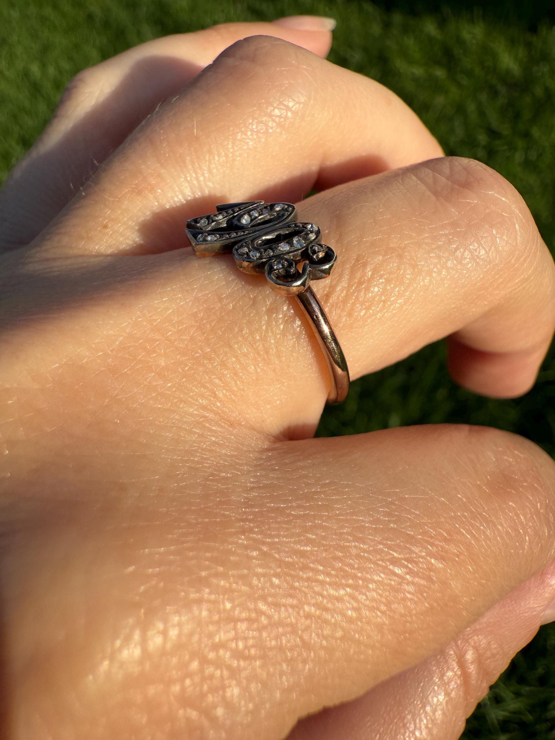 Date Ring 1903 Rose Cut Diamond Gold Figural Ring 10k & Silver Gold Stacker Donut Band Dated Year Provenance Edwardian Period
