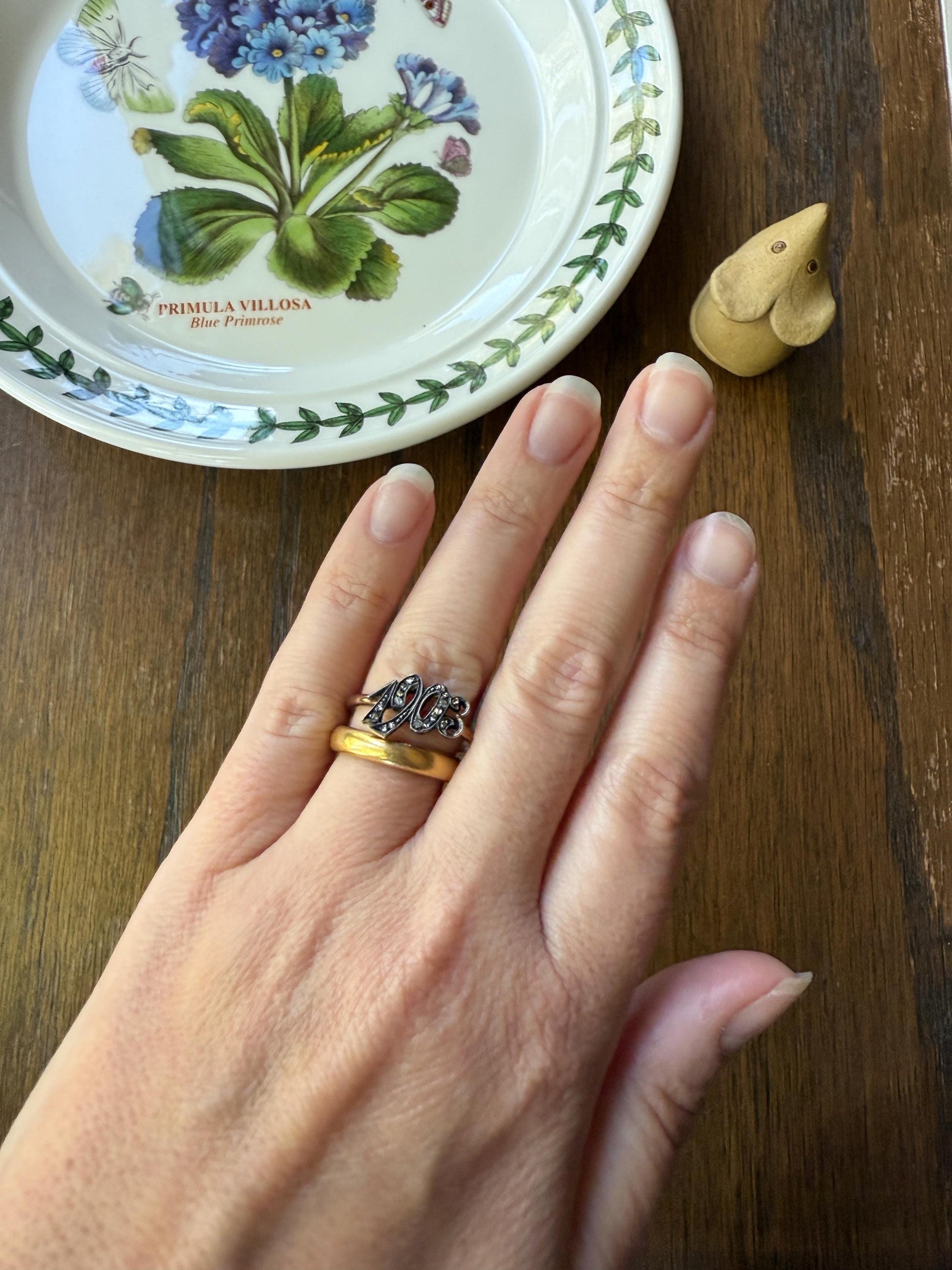 Date Ring 1903 Rose Cut Diamond Gold Figural Ring 10k & Silver Gold Stacker Donut Band Dated Year Provenance Edwardian Period