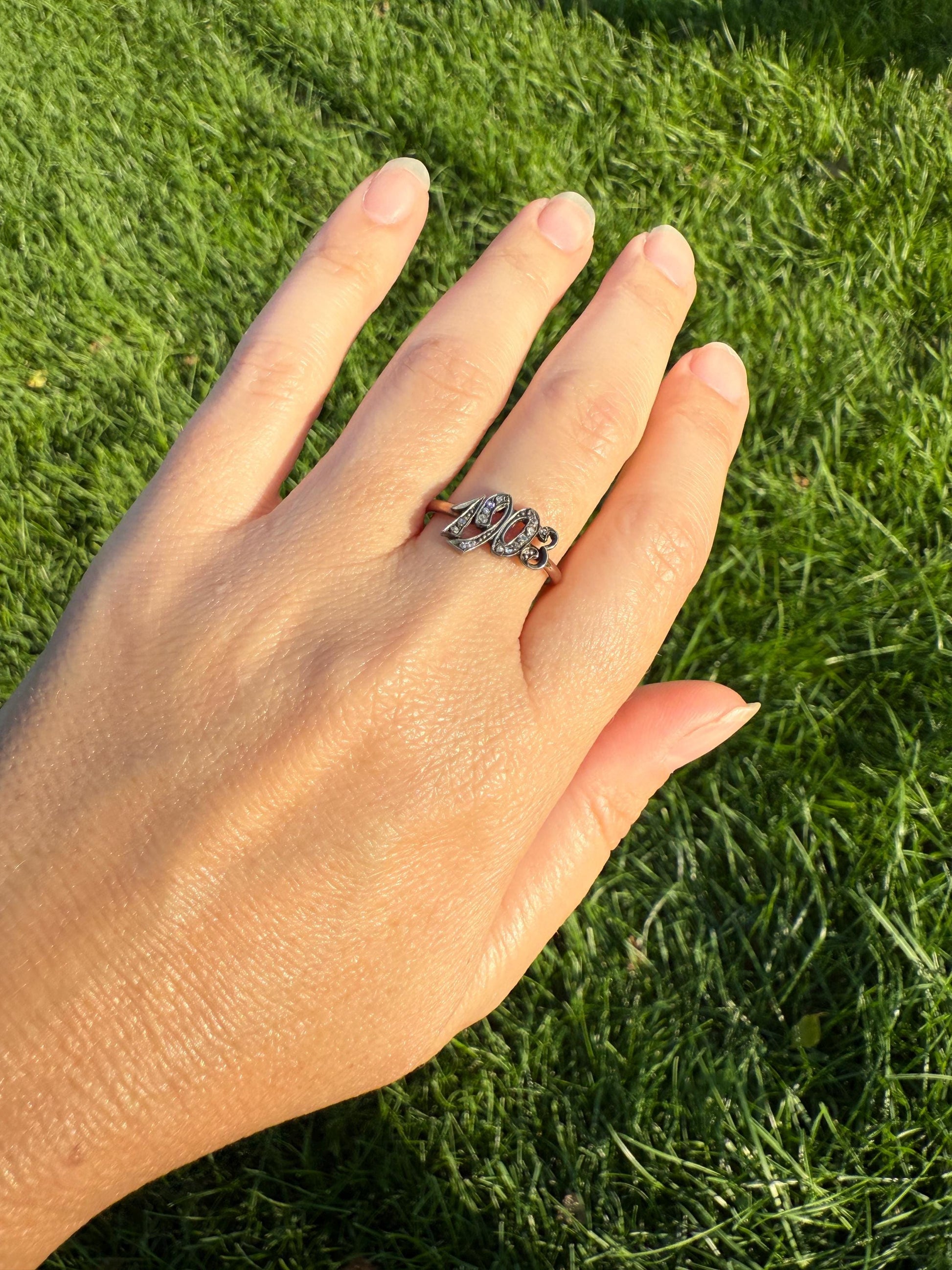 Date Ring 1903 Rose Cut Diamond Gold Figural Ring 10k & Silver Gold Stacker Donut Band Dated Year Provenance Edwardian Period