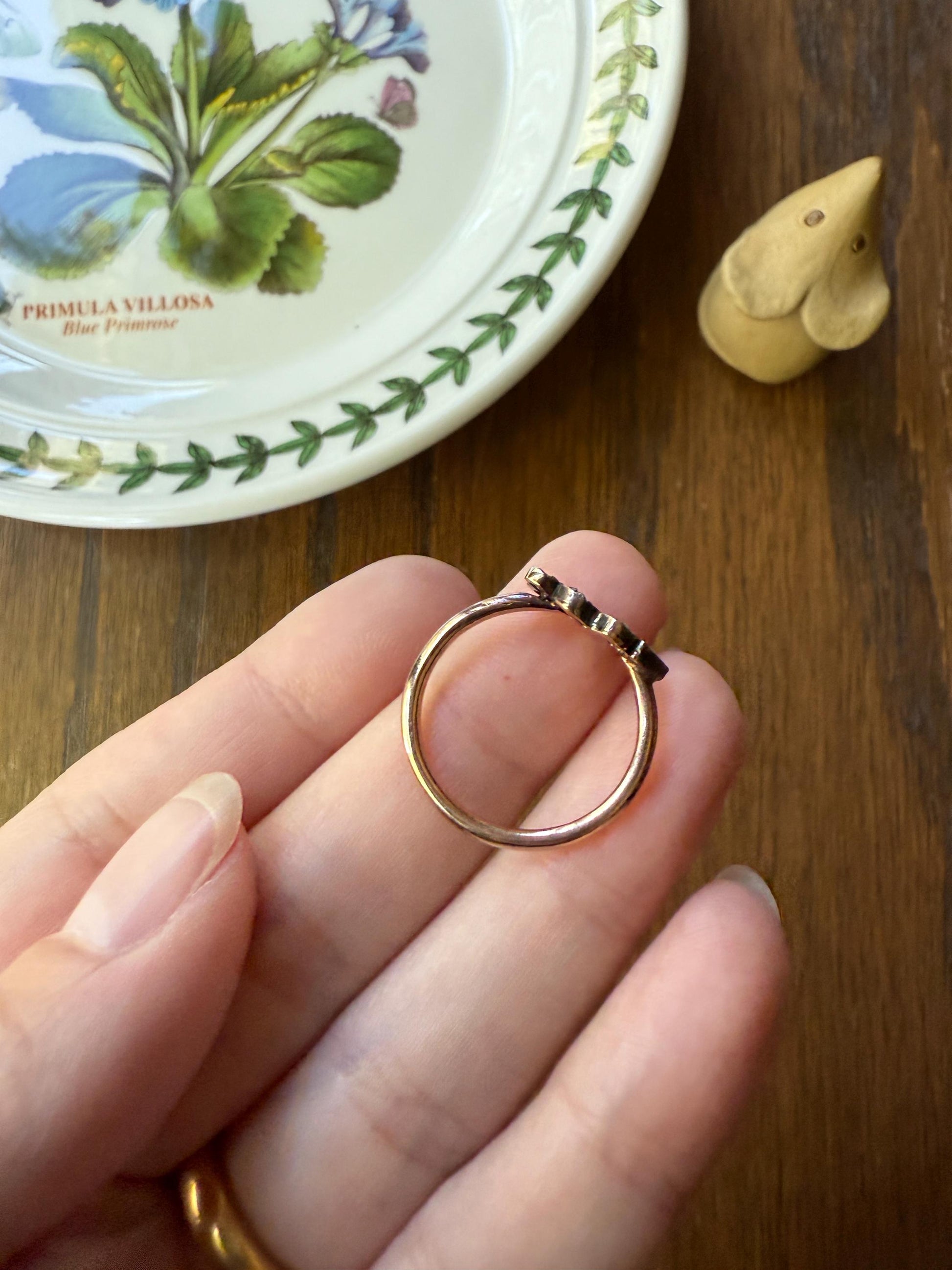 Date Ring 1903 Rose Cut Diamond Gold Figural Ring 10k & Silver Gold Stacker Donut Band Dated Year Provenance Edwardian Period