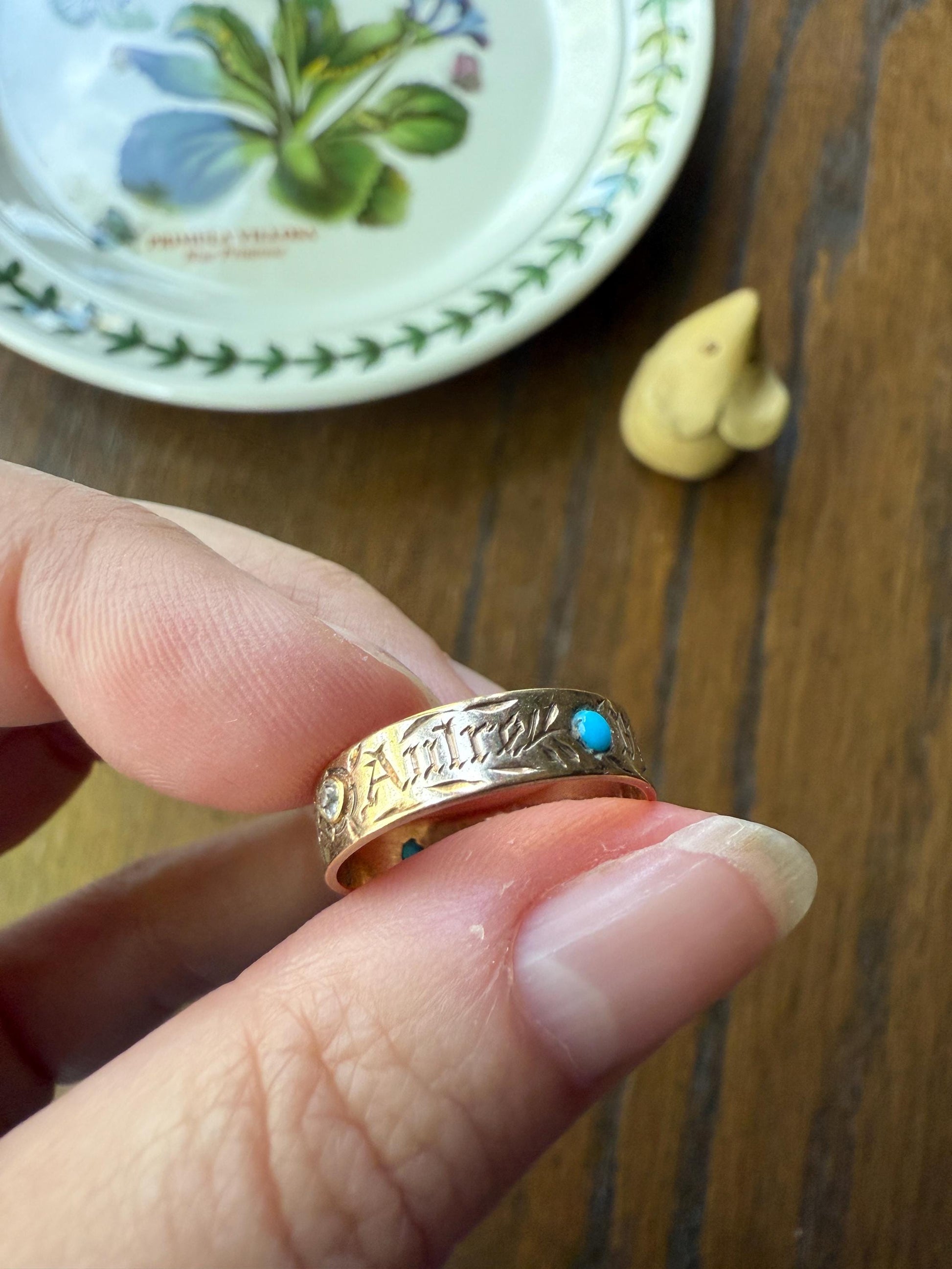 You and No Other French "Vous et Nul Autre" Old Mine Cut Diamond Turquoise Eternity Ring Wedding Cigar Band 14K Gold Jewelry with Words Gift