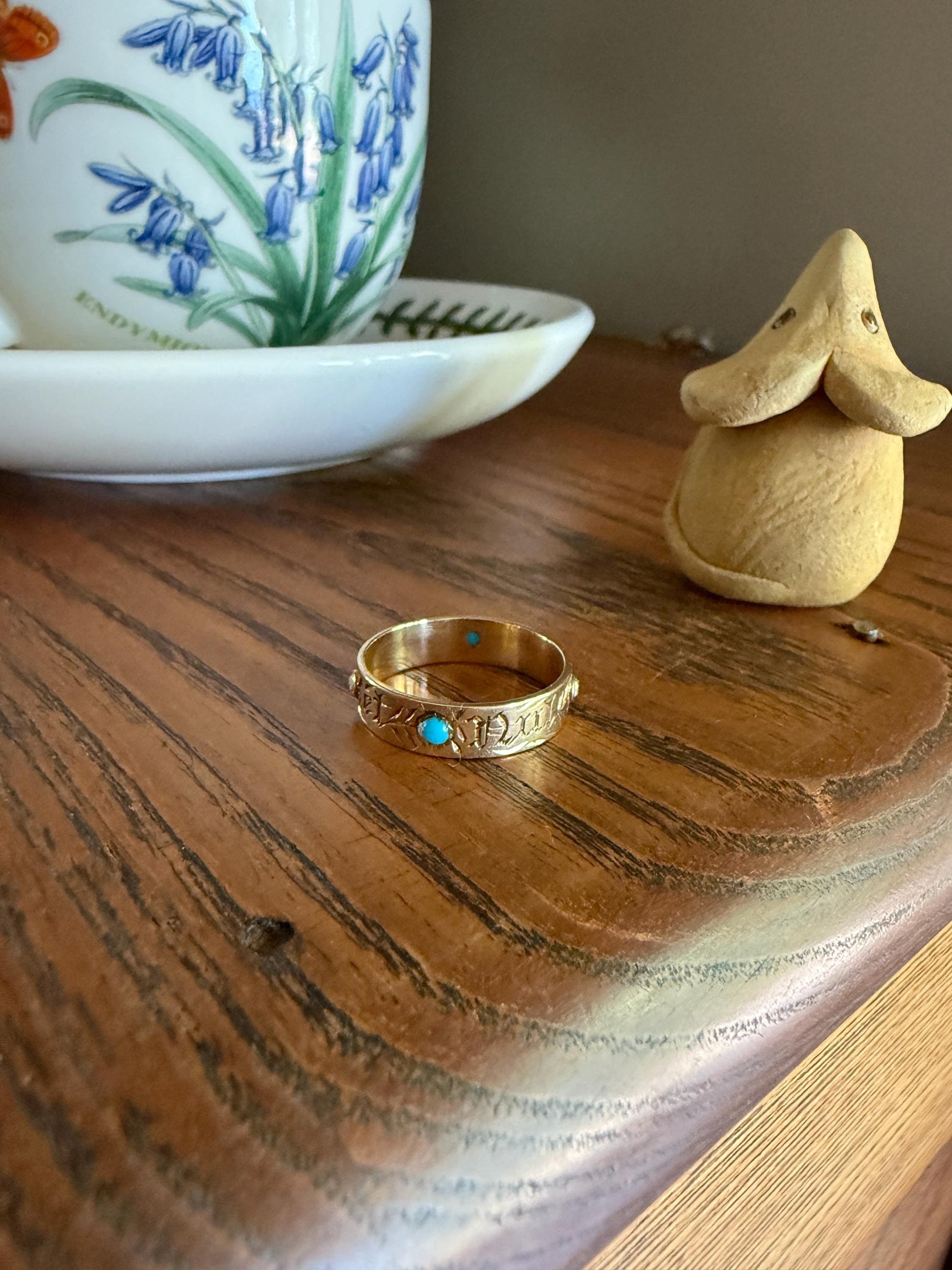 You and No Other French "Vous et Nul Autre" Old Mine Cut Diamond Turquoise Eternity Ring Wedding Cigar Band 14K Gold Jewelry with Words Gift
