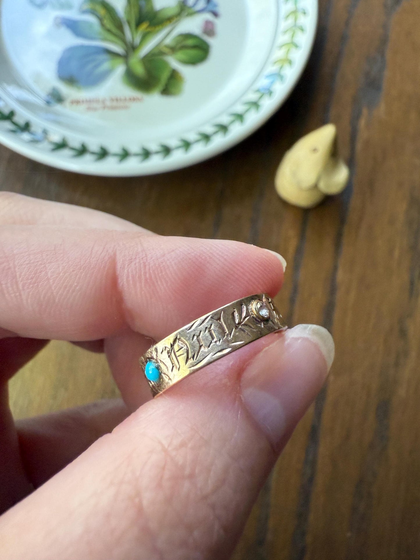 You and No Other French "Vous et Nul Autre" Old Mine Cut Diamond Turquoise Eternity Ring Wedding Cigar Band 14K Gold Jewelry with Words Gift