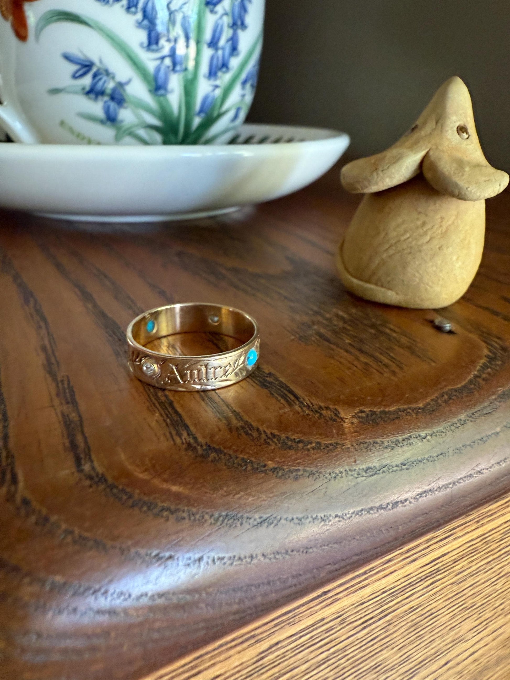You and No Other French "Vous et Nul Autre" Old Mine Cut Diamond Turquoise Eternity Ring Wedding Cigar Band 14K Gold Jewelry with Words Gift