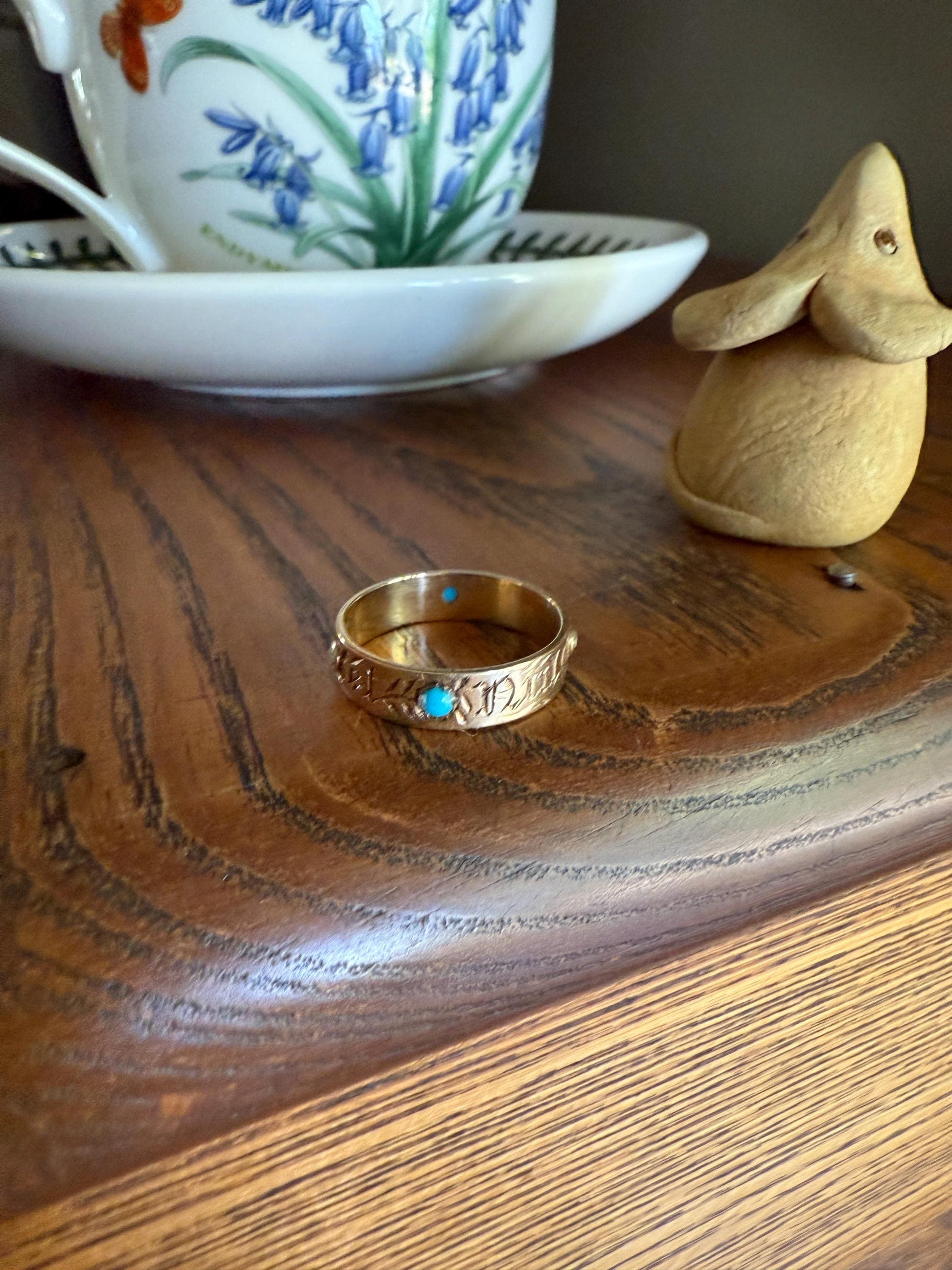 You and No Other French "Vous et Nul Autre" Old Mine Cut Diamond Turquoise Eternity Ring Wedding Cigar Band 14K Gold Jewelry with Words Gift