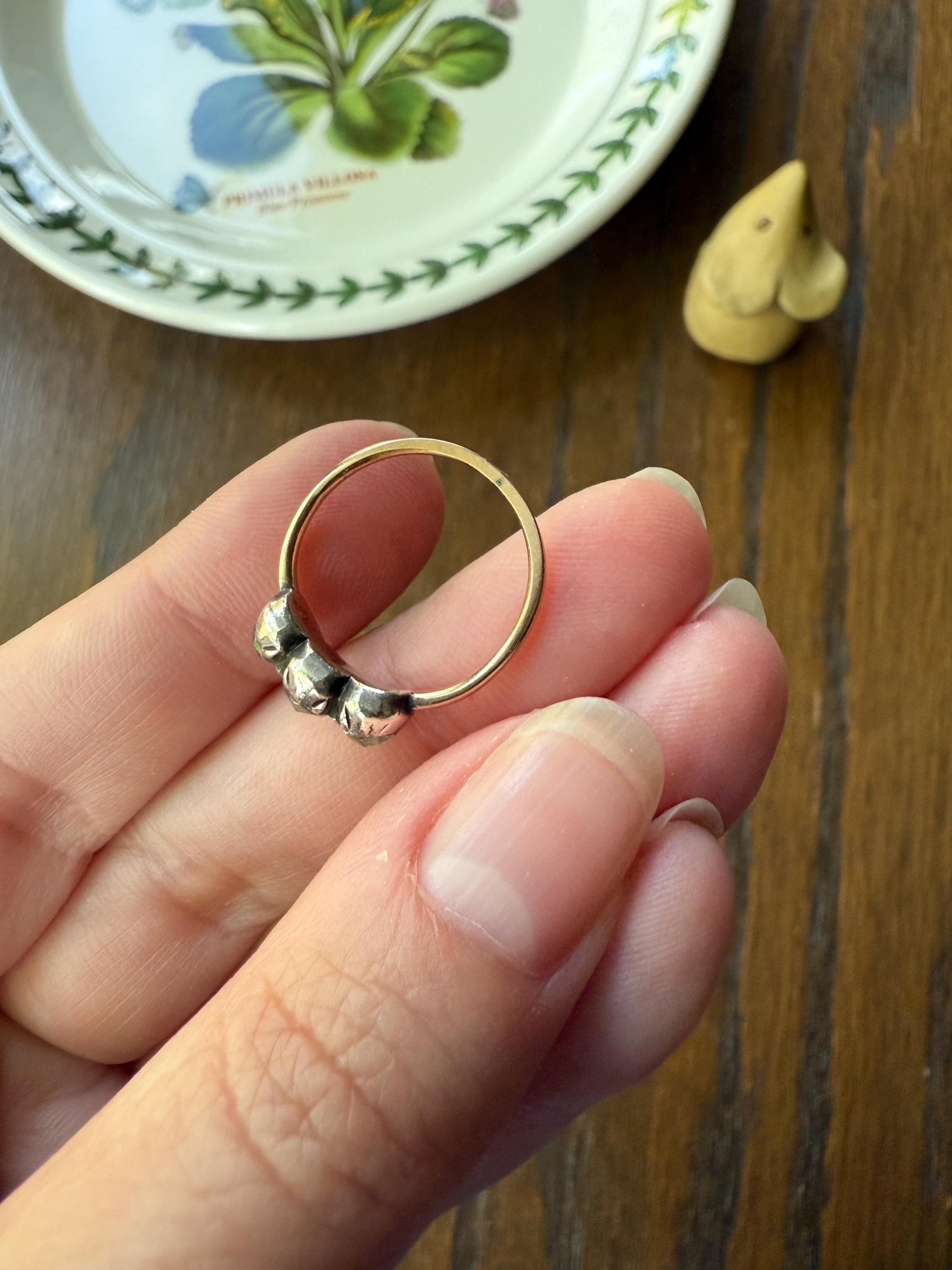 Georgian Antique Rose Cut DIAMOND Three Stone Ring 18k Gold Silver Foiled Collets French Domed Stackable Band Romantic Gift
