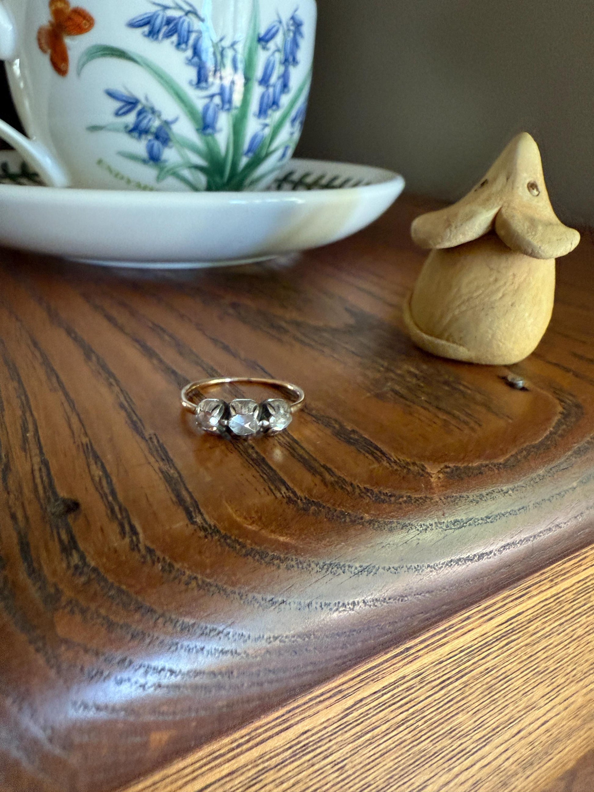 Georgian Antique Rose Cut DIAMOND Three Stone Ring 18k Gold Silver Foiled Collets French Domed Stackable Band Romantic Gift