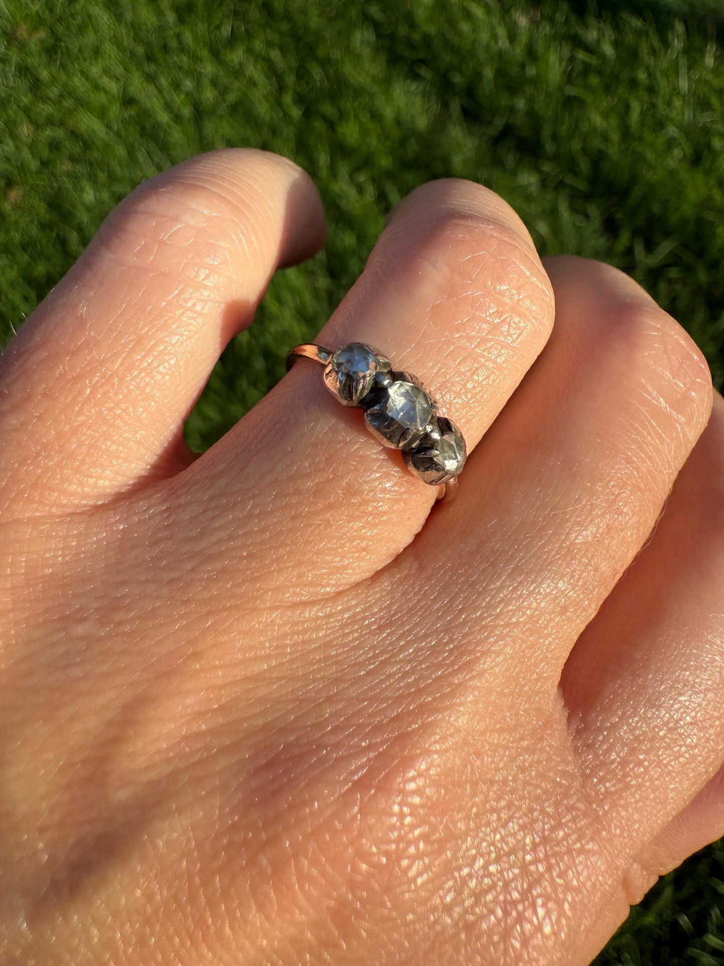 Georgian Antique Rose Cut DIAMOND Three Stone Ring 18k Gold Silver Foiled Collets French Domed Stackable Band Romantic Gift