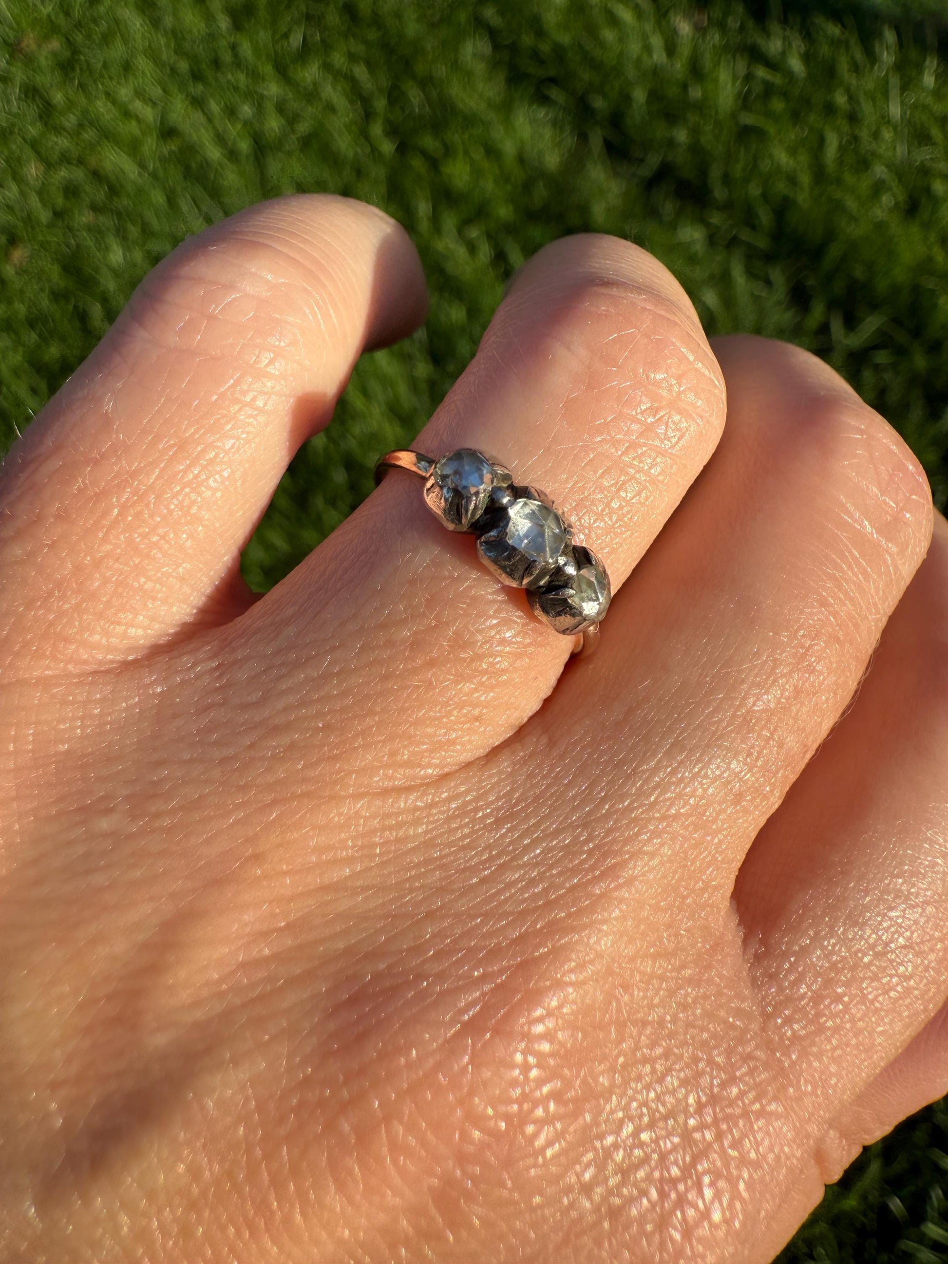 Georgian Antique Rose Cut DIAMOND Three Stone Ring 18k Gold Silver Foiled Collets French Domed Stackable Band Romantic Gift