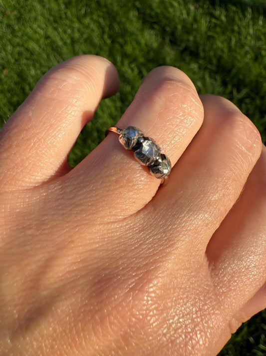 Georgian Antique Rose Cut DIAMOND Three Stone Ring 18k Gold Silver Foiled Collets French Domed Stackable Band Romantic Gift