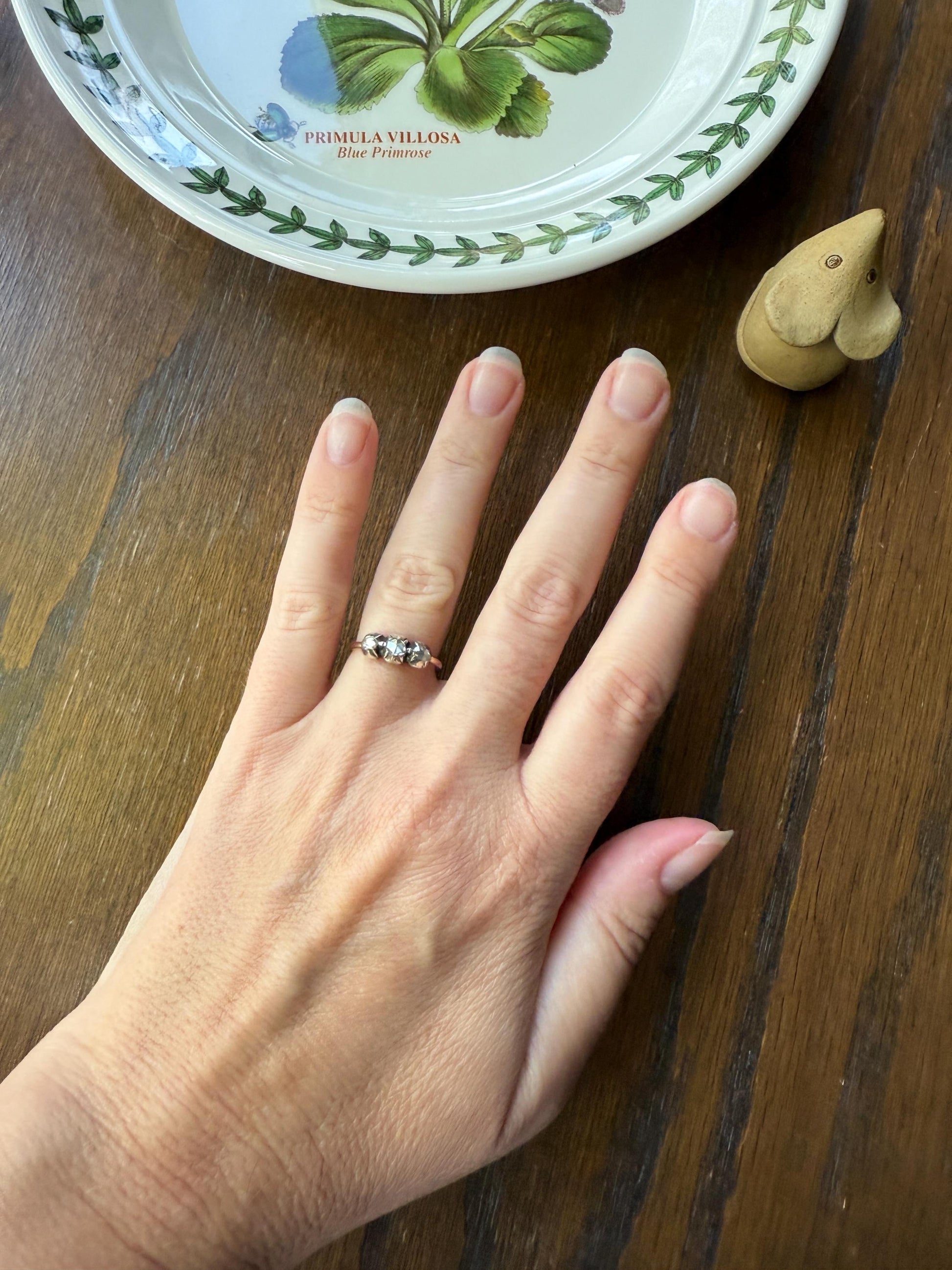 Georgian Antique Rose Cut DIAMOND Three Stone Ring 18k Gold Silver Foiled Collets French Domed Stackable Band Romantic Gift