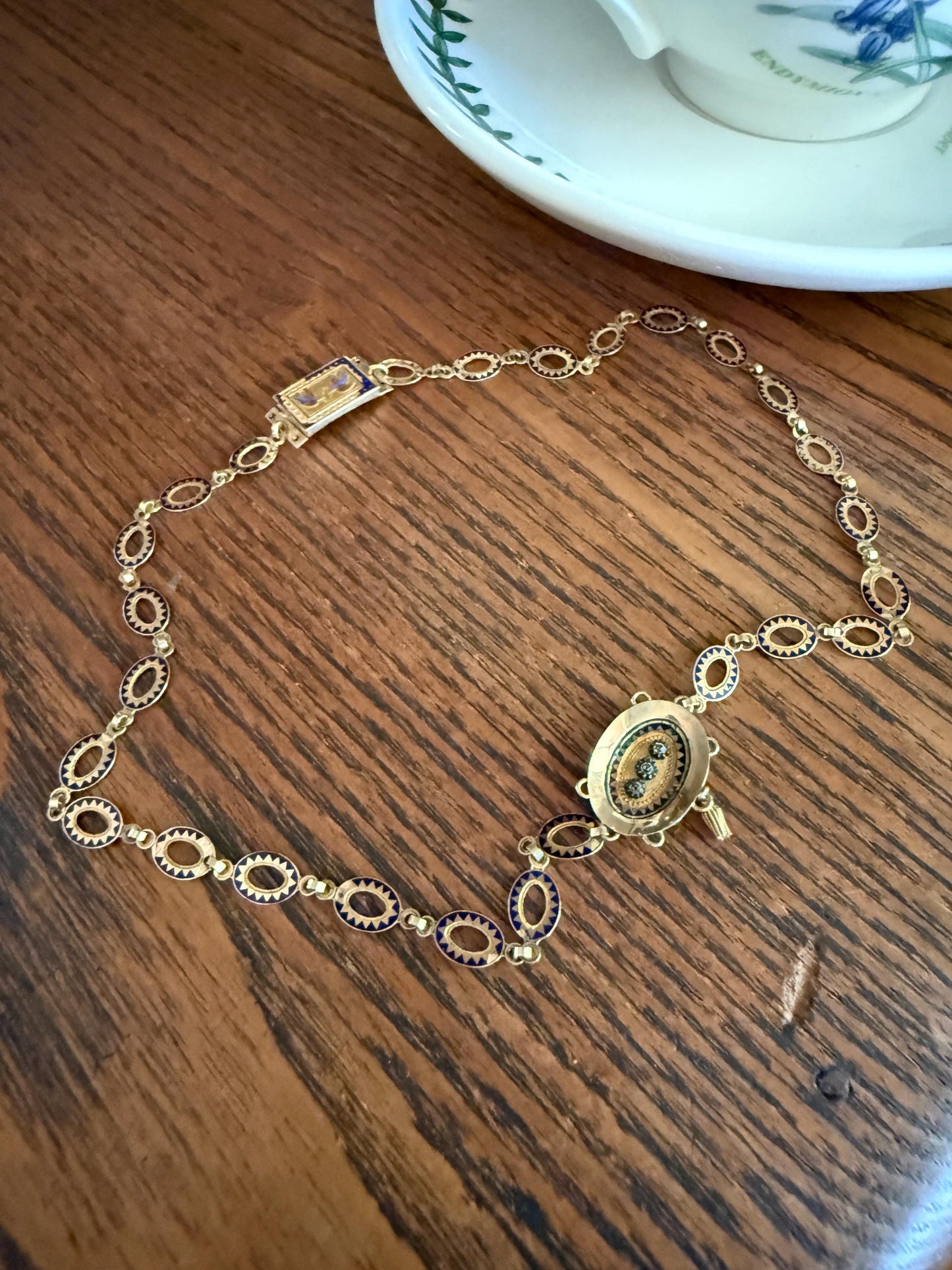Rare Love Birds Swallow Clasp French Georgian Era 18k Gold Napoleon Bonaparte c1819 Necklace Chain Sunburst Choker Blue Enamel Old Cut Paste