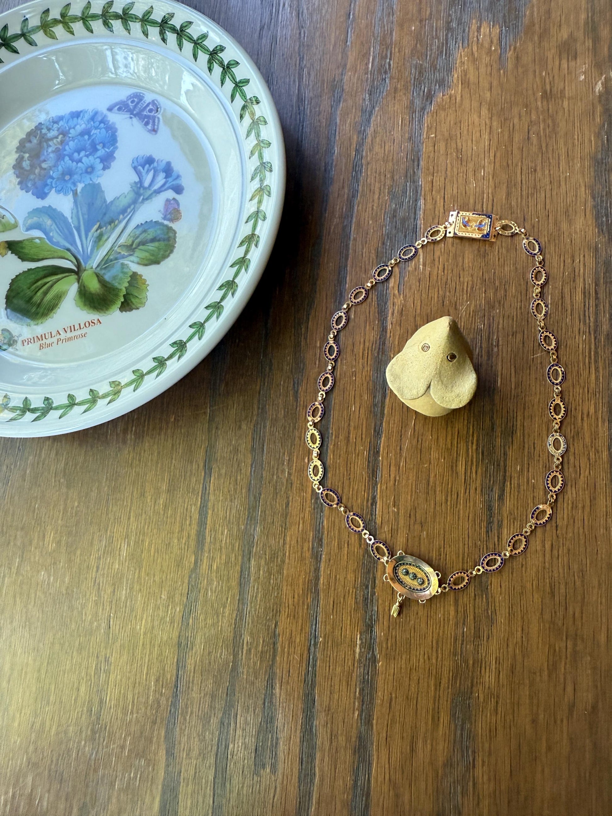 Rare Love Birds Swallow Clasp French Georgian Era 18k Gold Napoleon Bonaparte c1819 Necklace Chain Sunburst Choker Blue Enamel Old Cut Paste