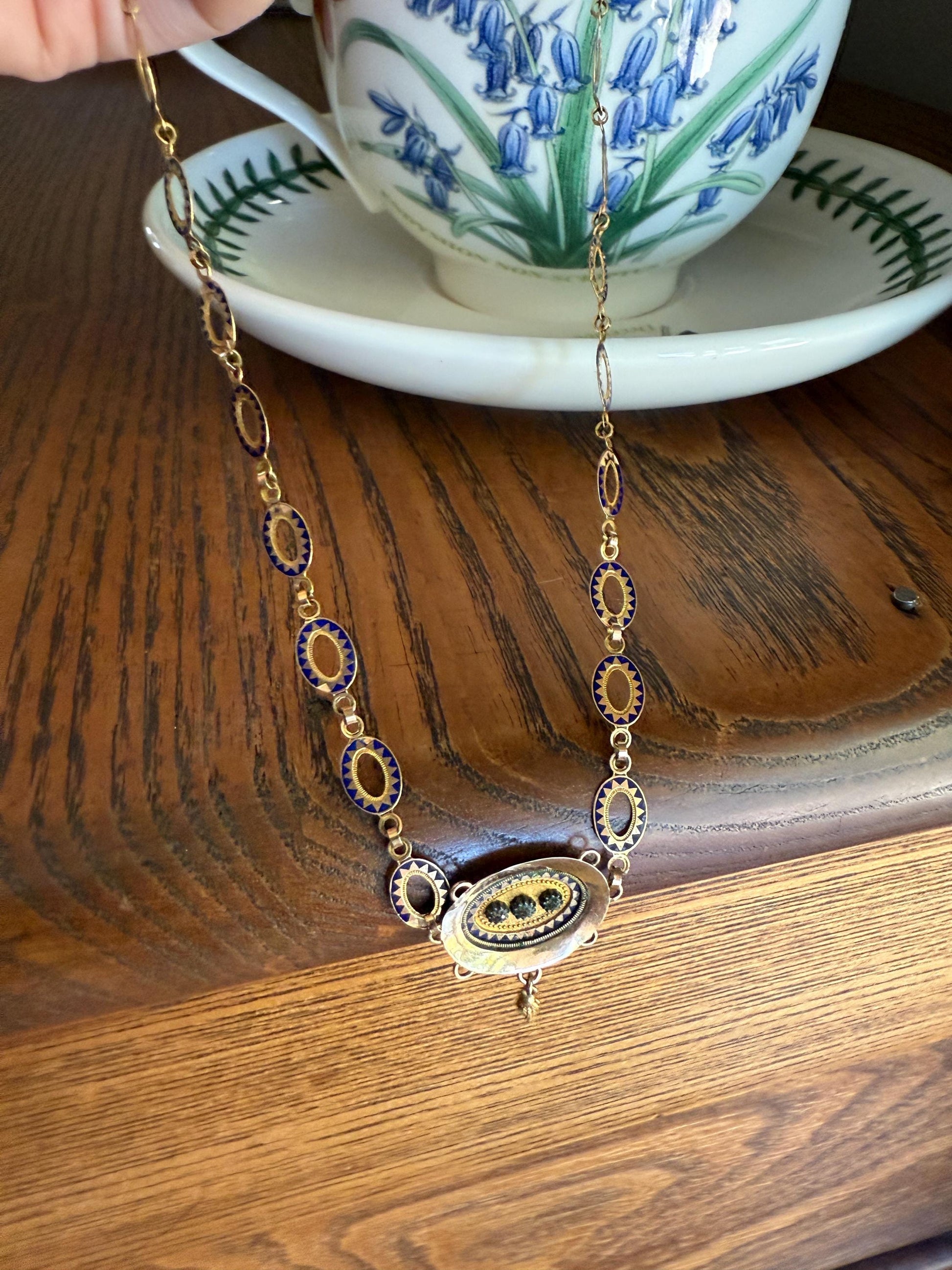 Rare Love Birds Swallow Clasp French Georgian Era 18k Gold Napoleon Bonaparte c1819 Necklace Chain Sunburst Choker Blue Enamel Old Cut Paste