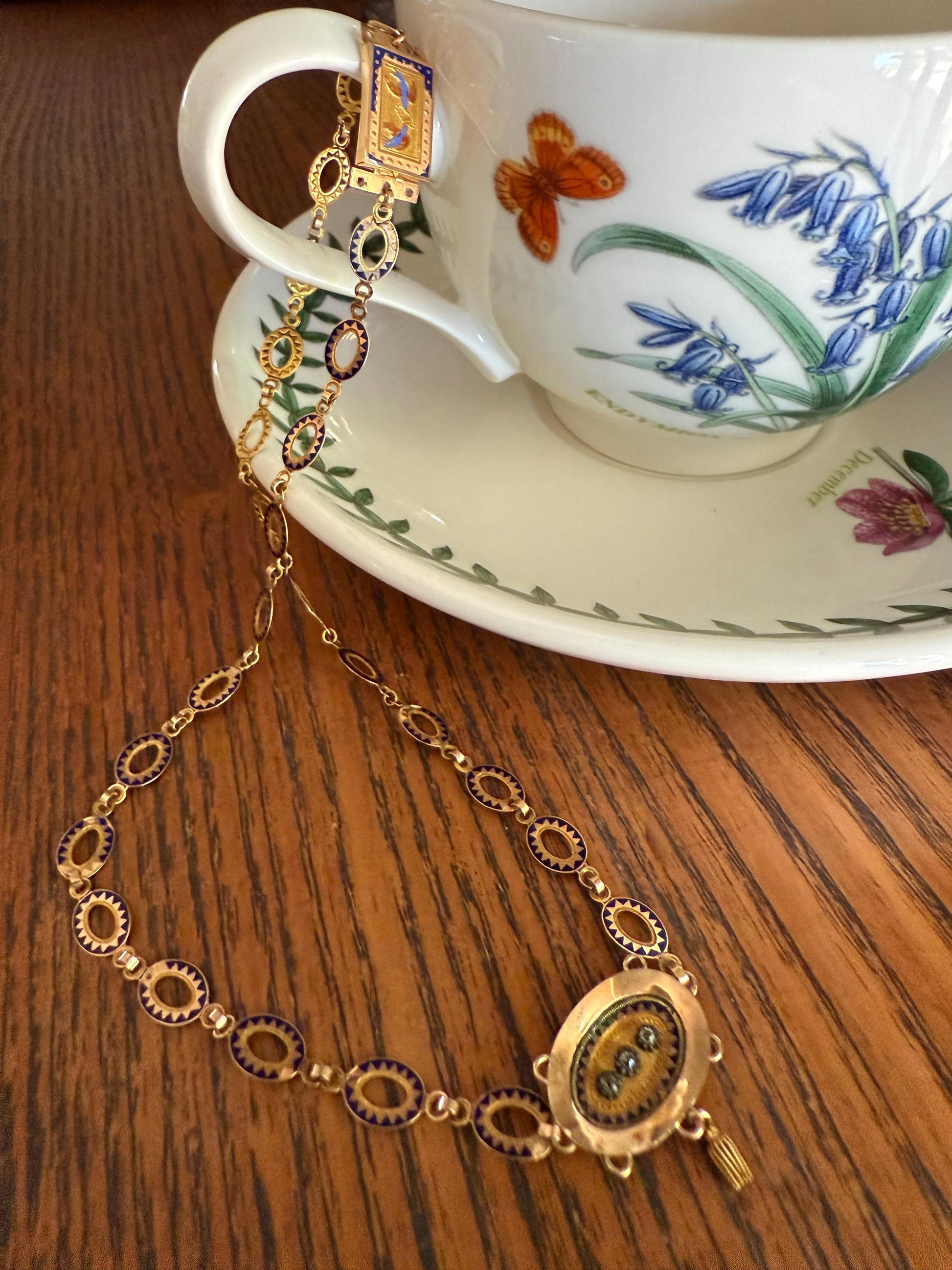 Rare Love Birds Swallow Clasp French Georgian Era 18k Gold Napoleon Bonaparte c1819 Necklace Chain Sunburst Choker Blue Enamel Old Cut Paste