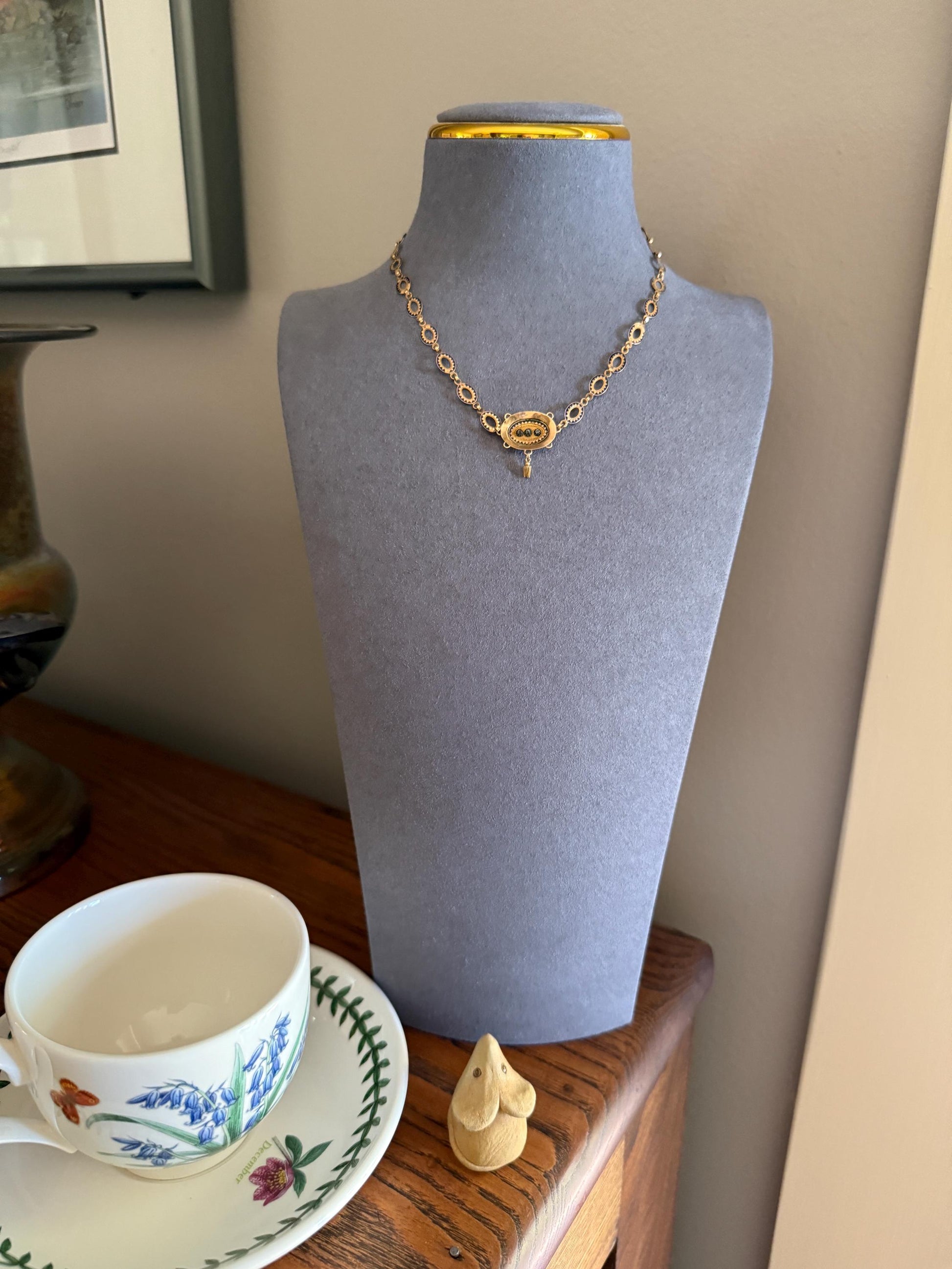 Rare Love Birds Swallow Clasp French Georgian Era 18k Gold Napoleon Bonaparte c1819 Necklace Chain Sunburst Choker Blue Enamel Old Cut Paste