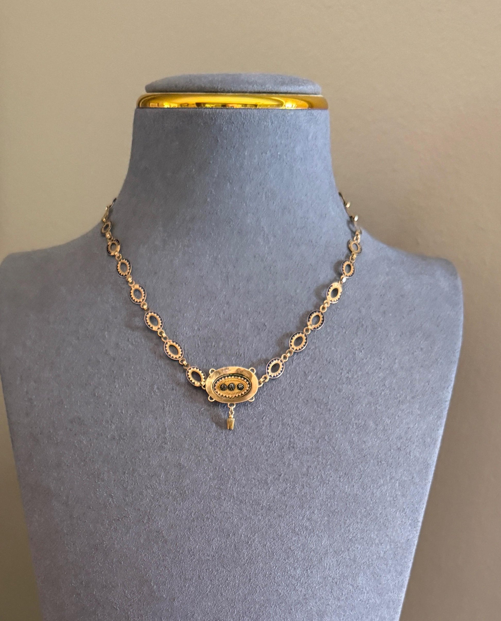 Rare Love Birds Swallow Clasp French Georgian Era 18k Gold Napoleon Bonaparte c1819 Necklace Chain Sunburst Choker Blue Enamel Old Cut Paste