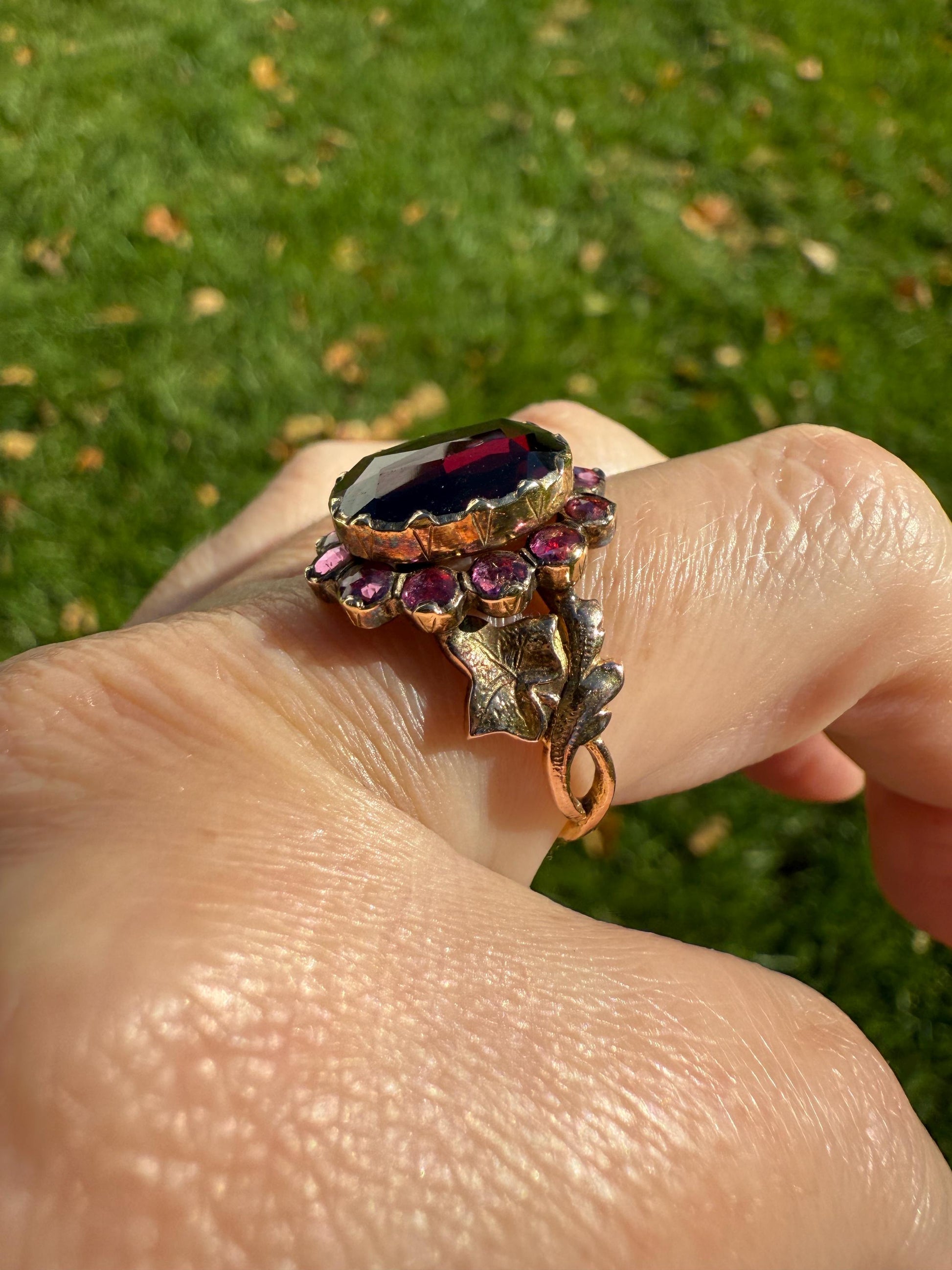 Perpignan GARNET Oval Almandine Cluster Ring French VICTORIAN Era Hallmark 18k Gold Floral Leaf Glowing Berry Pink Purple Red Romantic Gift