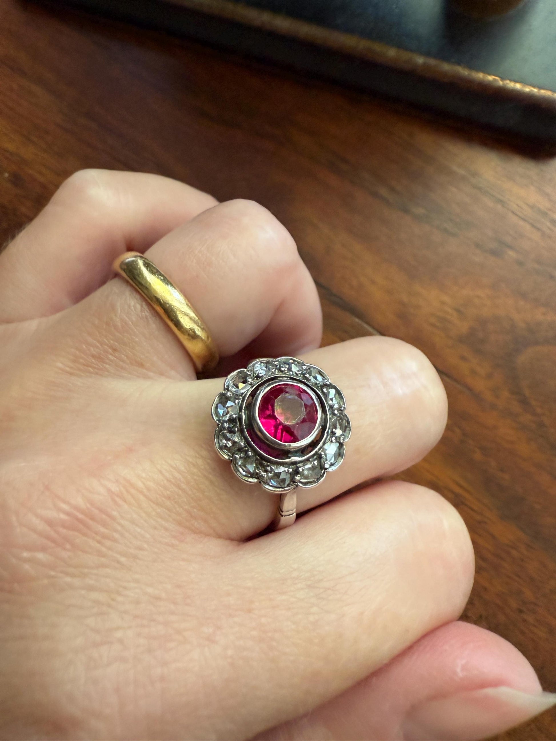 Antique Ruby & Rose Cut Diamond Halo Cluster Ring Pink Red Solid Silver French Edwardian Stacker Cocktail Statement Romantic Gift