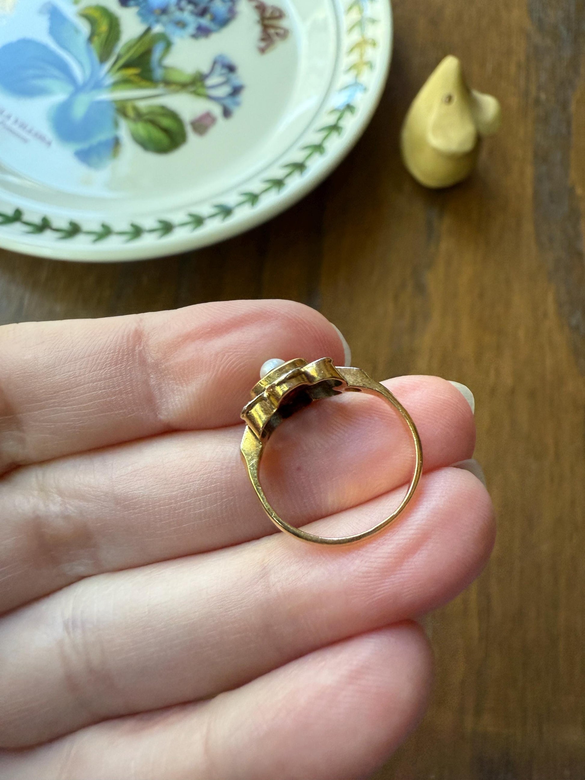 Ruby HALO Ring Scalloped 18k Gold Antique Pearl Rose Cut Diamond Pink Red Dainty Ring French Belle Epoque Stacker Pinky Midi