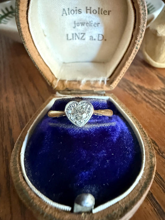 Vintage to Antique HEART Transitional Cut DIAMOND Ring Art Deco 18k Platinum Figural Stacker Band Romantic Gift Alt Engagement Starburst
