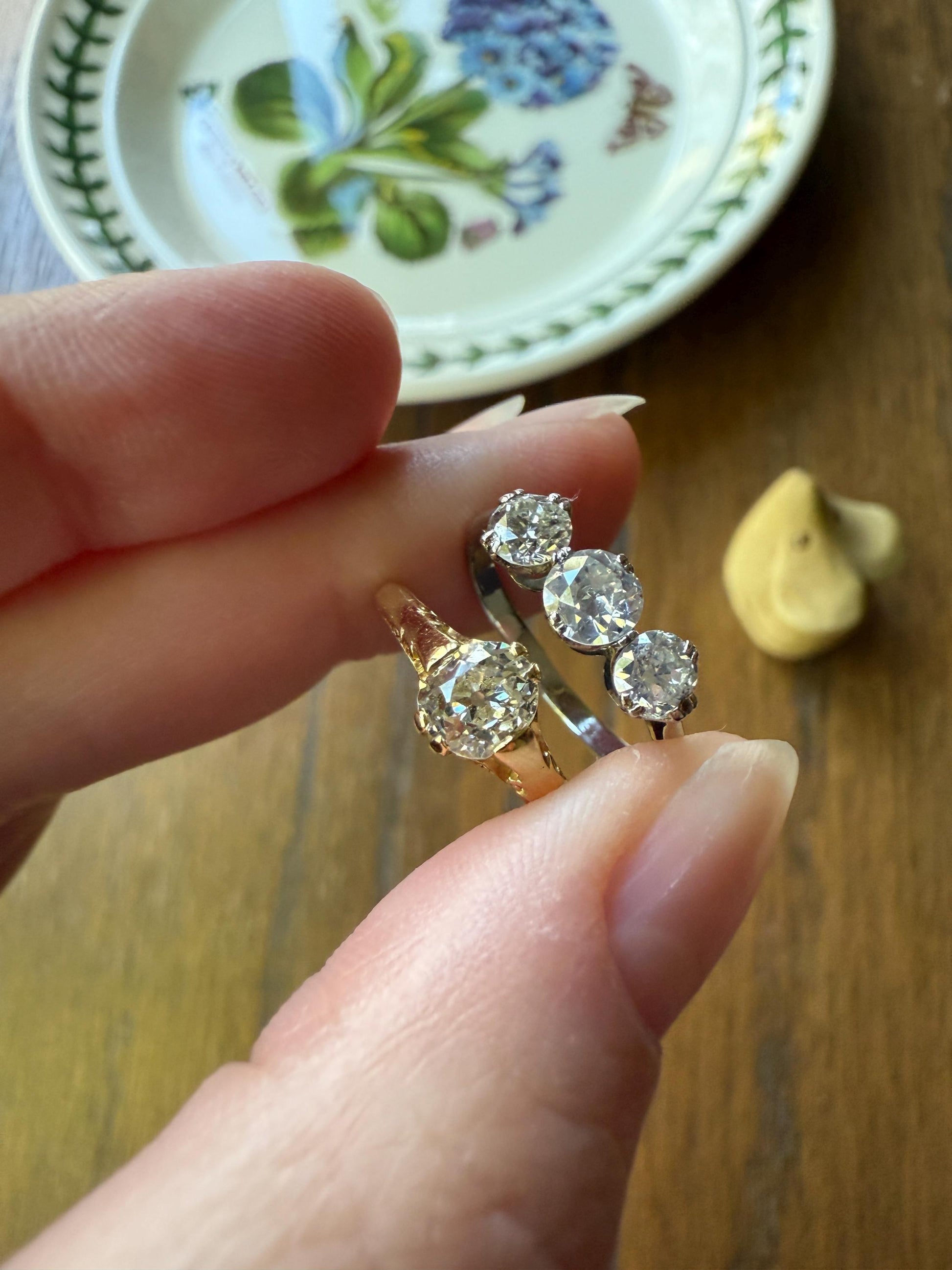 Antique One Carat Old European Cut DIAMOND Three Stone Ring Prong Set Stacker Trilogy 14k White Gold Art Deco Romantic Gift OEC 1Ctw