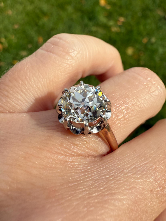Special French Original Antique 3.5 CARAT Old European Cut DIAMOND Eye Clean Solitaire Engagement Ring 18k Rosy Gold Platinum Fiery OEC