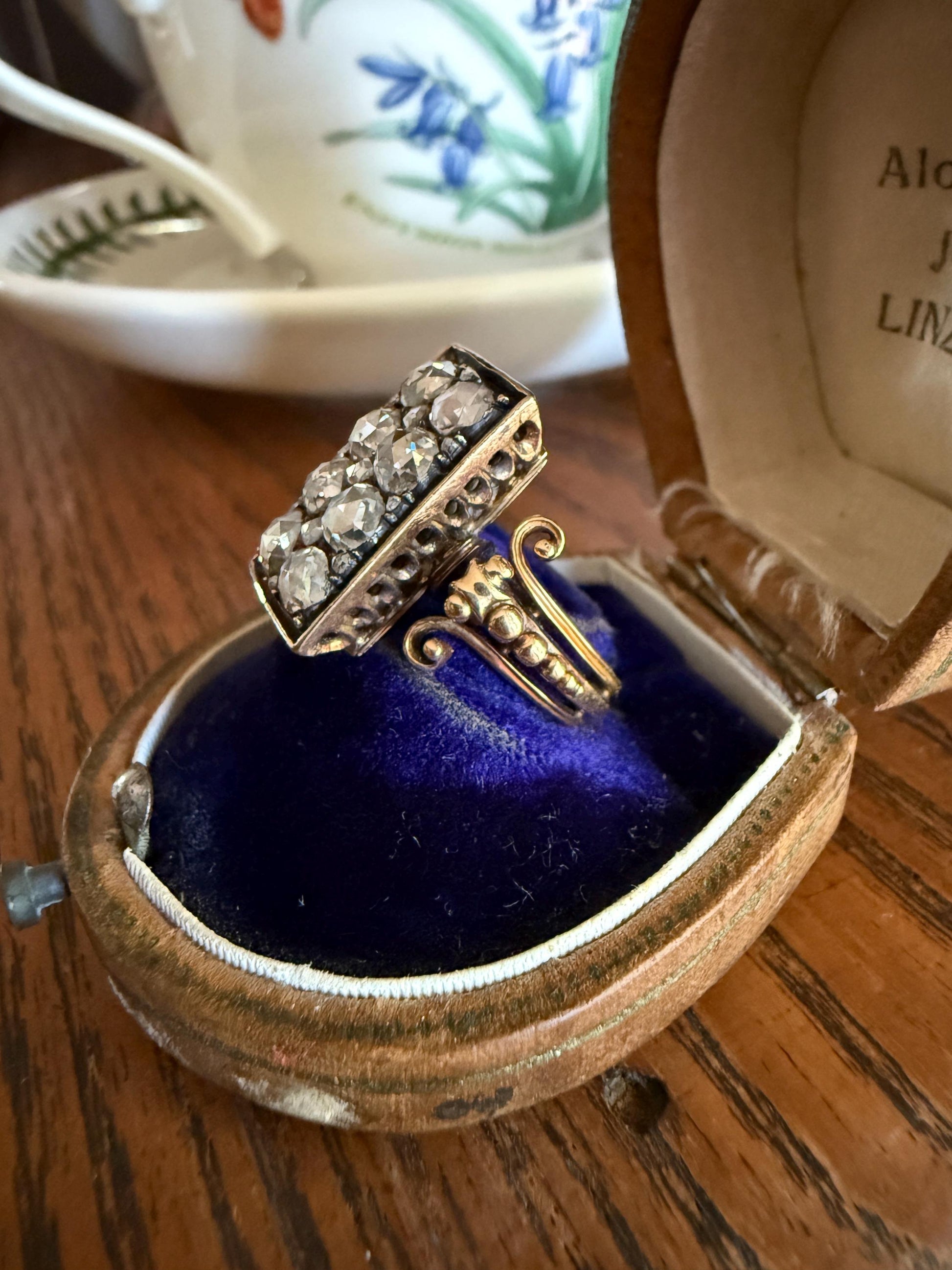 Georgian Era Antique 1 CARAT+ Rose Cut DIAMOND Disco Ball Grid Panel Lozenge Cluster Ring 18k Gold Silver Collets Stacker Gift Faces Up 2Ctw