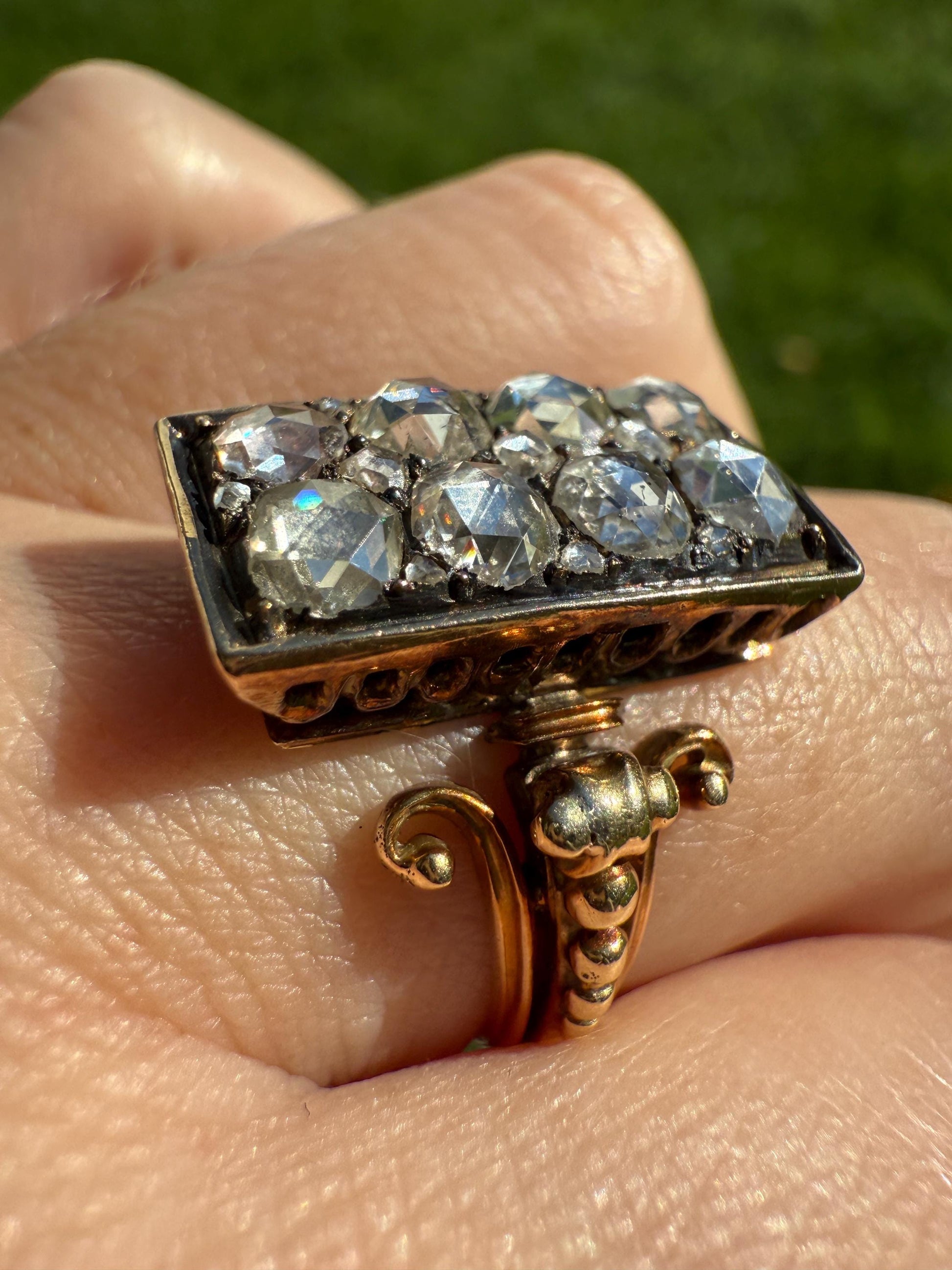 Georgian Era Antique 1 CARAT+ Rose Cut DIAMOND Disco Ball Grid Panel Lozenge Cluster Ring 18k Gold Silver Collets Stacker Gift Faces Up 2Ctw