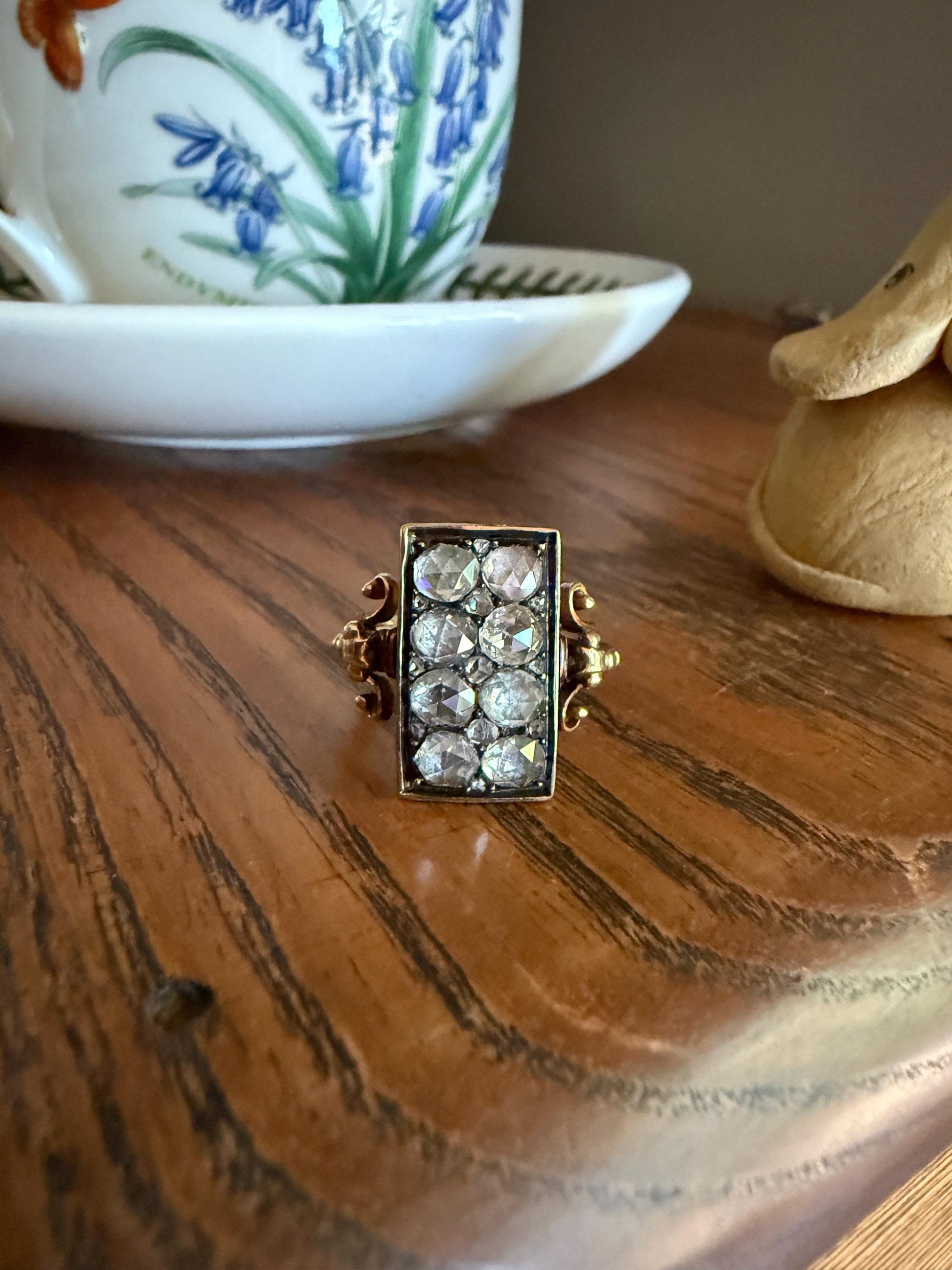 Georgian Era Antique 1 CARAT+ Rose Cut DIAMOND Disco Ball Grid Panel Lozenge Cluster Ring 18k Gold Silver Collets Stacker Gift Faces Up 2Ctw
