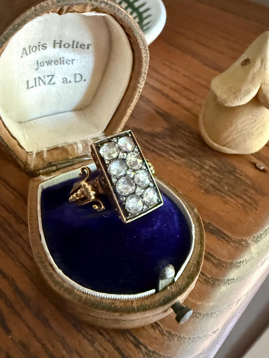 Georgian Era Antique 1 CARAT+ Rose Cut DIAMOND Disco Ball Grid Panel Lozenge Cluster Ring 18k Gold Silver Collets Stacker Gift Faces Up 2Ctw