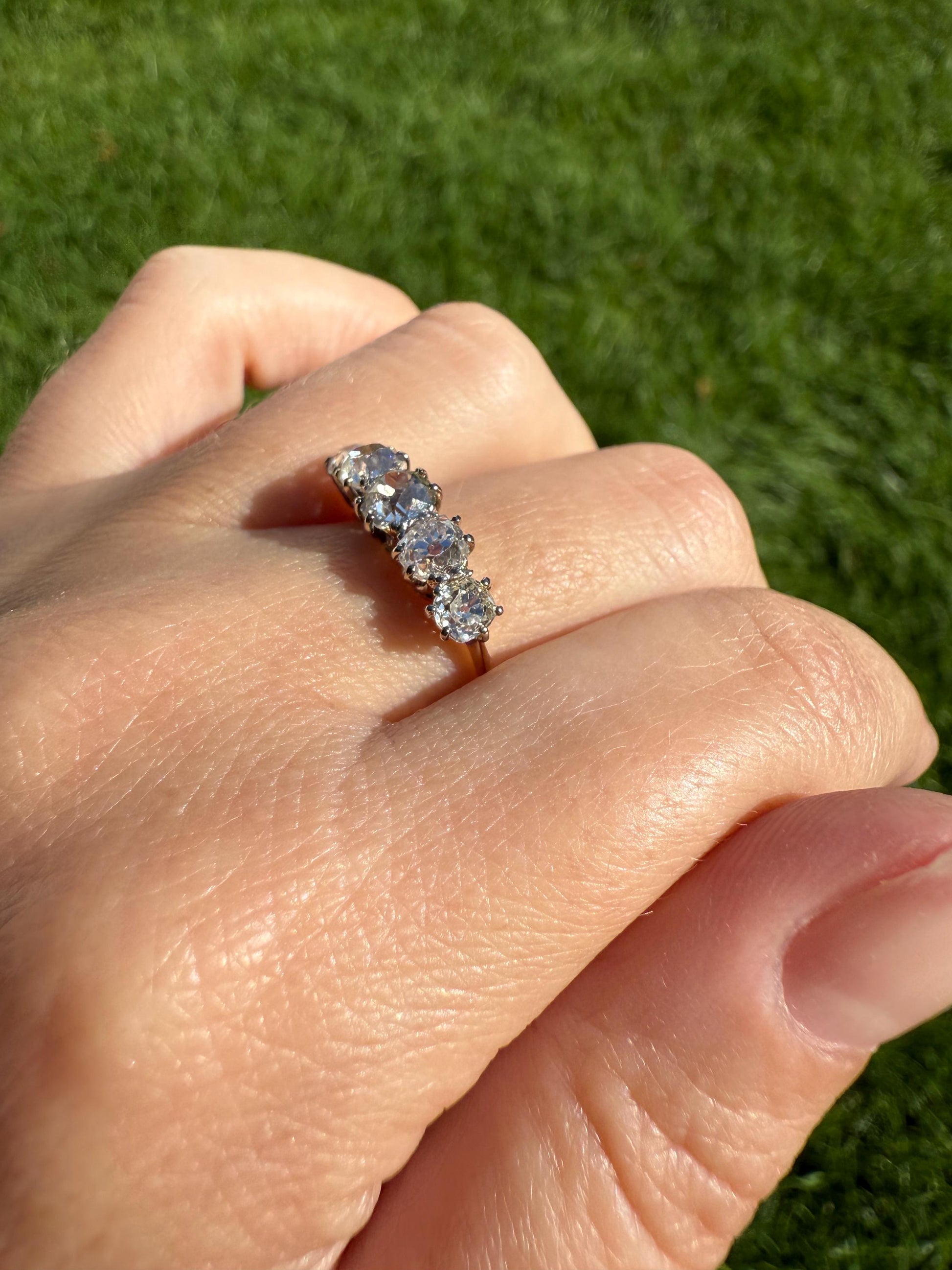 Five Stone Victorian Antique 1.75 CARAT Old Mine Cut DIAMOND Tall Stacker Ring 18k Gold Skinny Band Wedding Anniversary Romantic Gift OMC