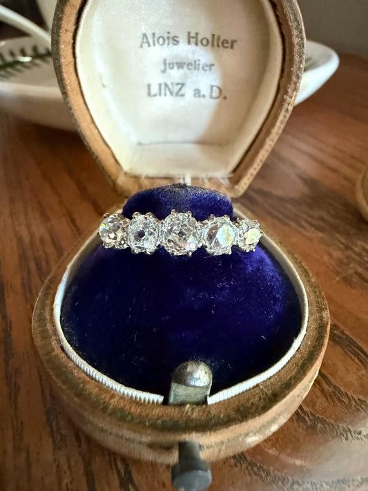 Five Stone Victorian Antique 1.75 CARAT Old Mine Cut DIAMOND Tall Stacker Ring 18k Gold Skinny Band Wedding Anniversary Romantic Gift OMC