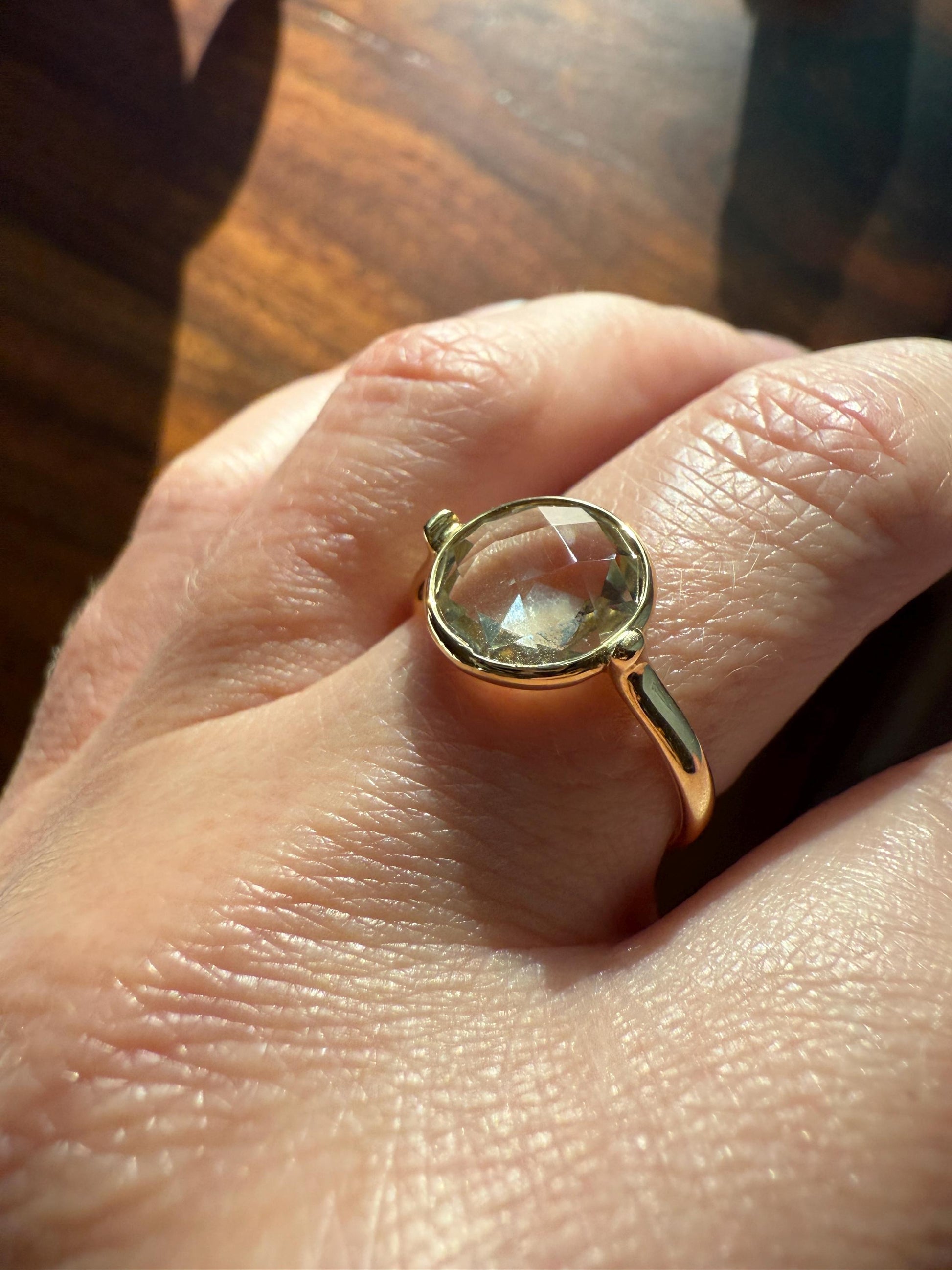 Pale GREEN Natural Prasiolite 18k Gold Bezel Set Modern Ring Domed Disco Ball Rose Cut Faceting Quartz Amethyst Spanish Made