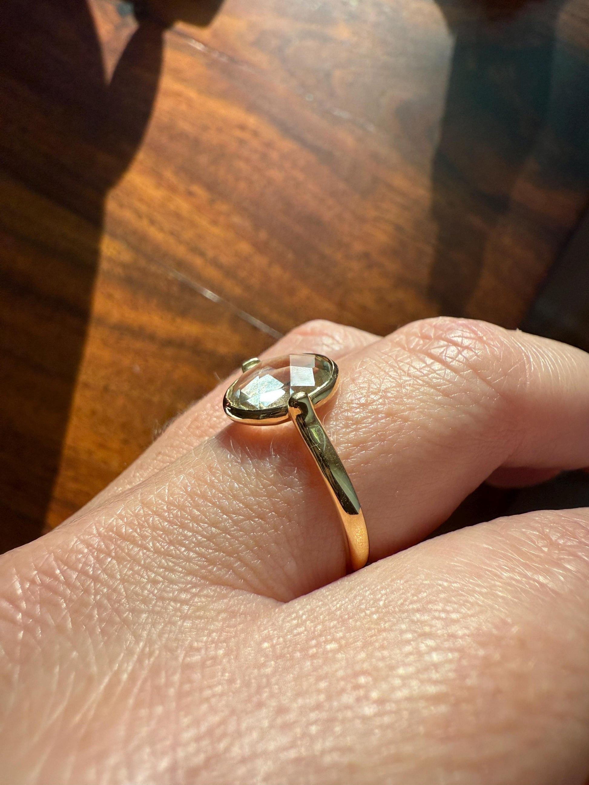 Pale GREEN Natural Prasiolite 18k Gold Bezel Set Modern Ring Domed Disco Ball Rose Cut Faceting Quartz Amethyst Spanish Made