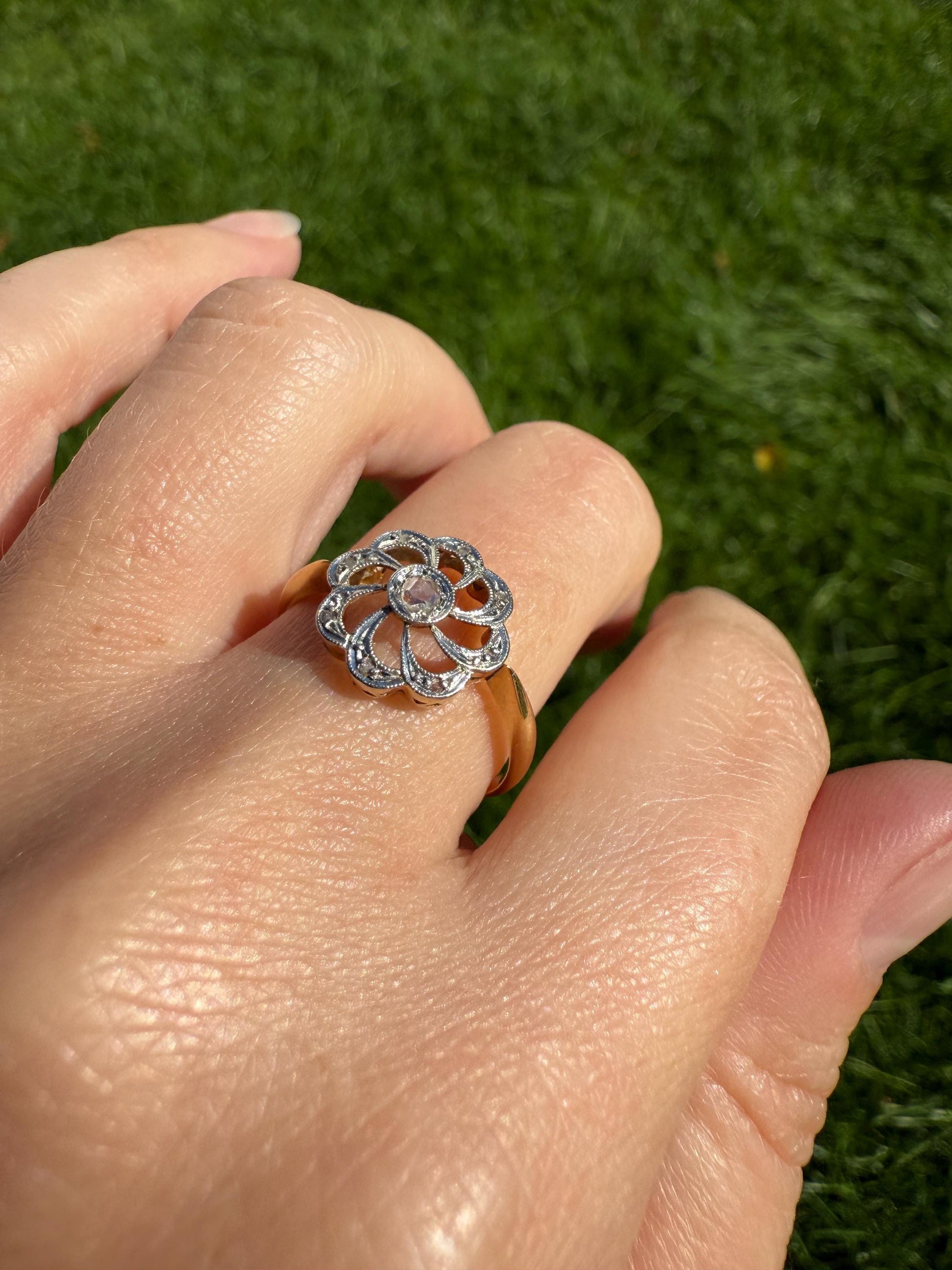 Rose Cut DIAMOND Open Work Scallop Swirl Ring 18k Gold Solid French Antique Dainty Stacker Belle Epoque Shimmer Sparkle Edwardian Victorian