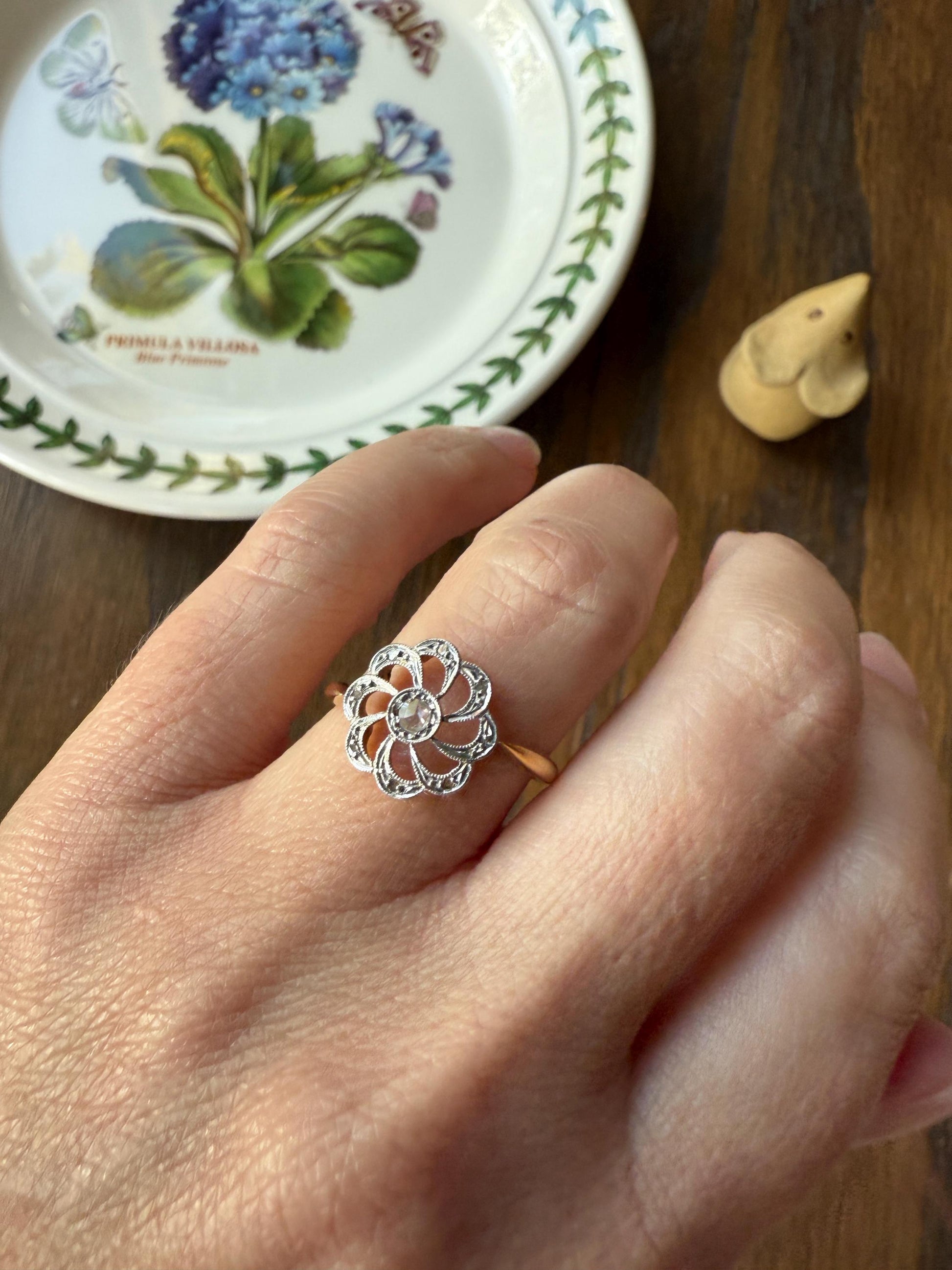 Rose Cut DIAMOND Open Work Scallop Swirl Ring 18k Gold Solid French Antique Dainty Stacker Belle Epoque Shimmer Sparkle Edwardian Victorian
