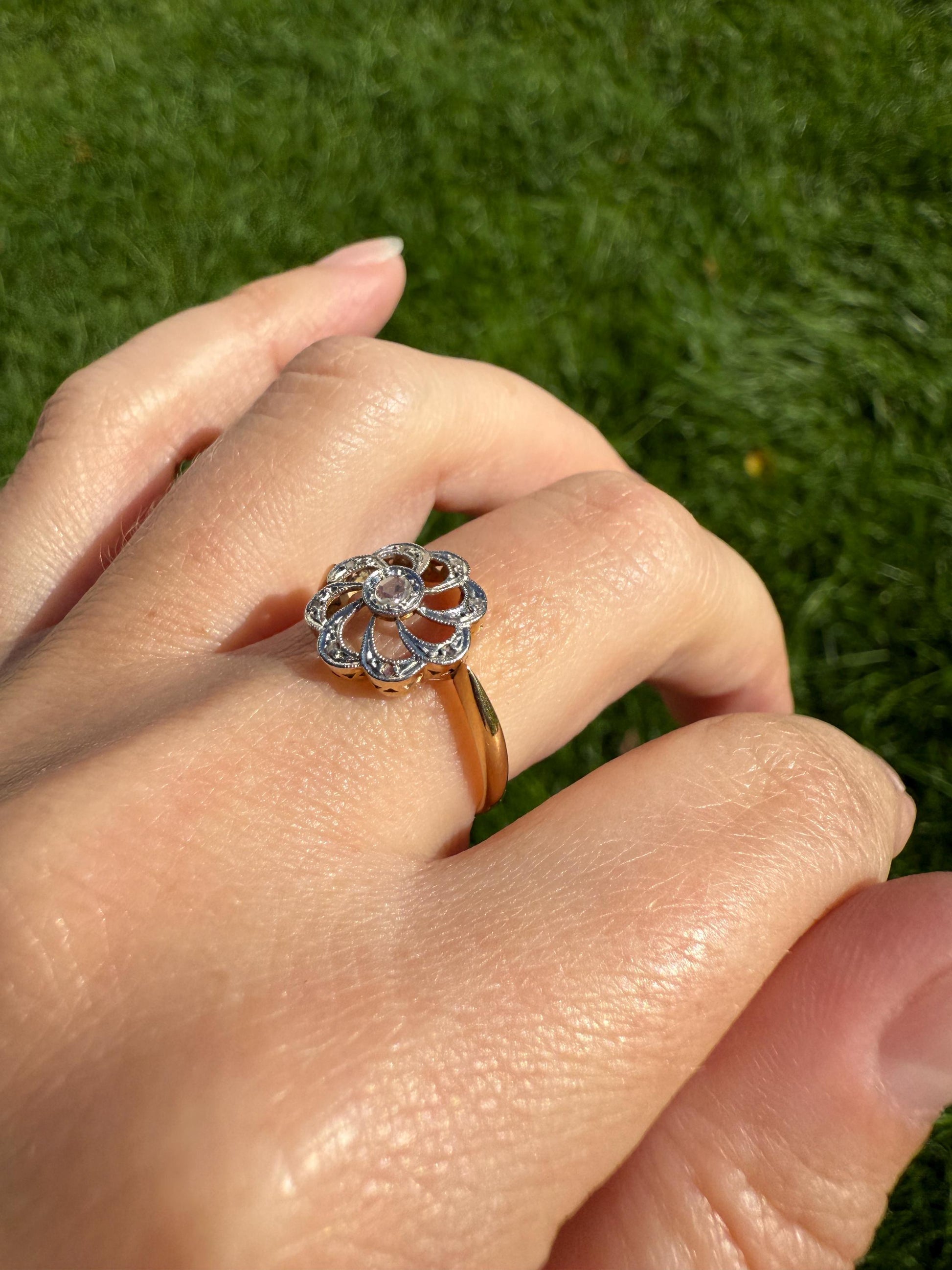 Rose Cut DIAMOND Open Work Scallop Swirl Ring 18k Gold Solid French Antique Dainty Stacker Belle Epoque Shimmer Sparkle Edwardian Victorian