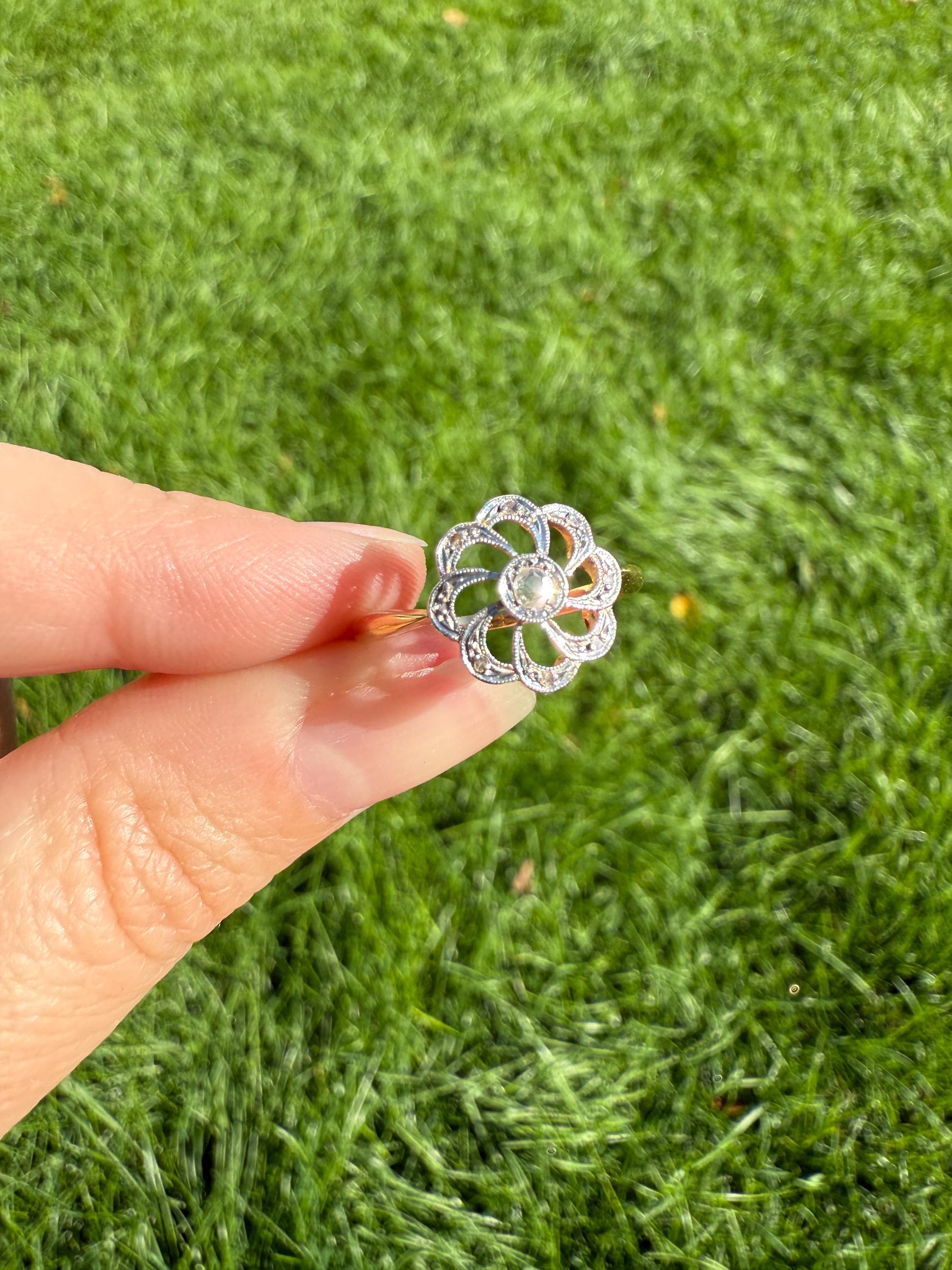 Rose Cut DIAMOND Open Work Scallop Swirl Ring 18k Gold Solid French Antique Dainty Stacker Belle Epoque Shimmer Sparkle Edwardian Victorian