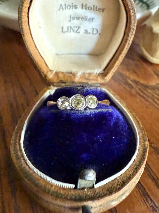 Antique Shades of Yellow Old Mine Cut Diamond Three Stone Ring 9k Gold & Platinum Bezel Set Stacker Trilogy Ring OMC