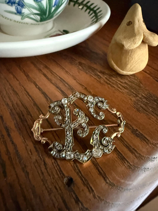 Oh to Be an " E " Amazing XL Antique Rose Old Mine cut DIAMOND Initial Brooch Pendant Bracelet Conversion Connector 14k & 10k Gold Ornate