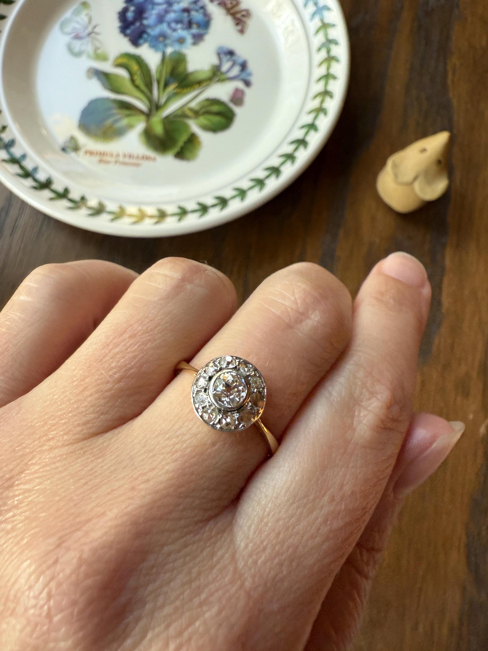 Antique Old Mine Cut Diamond Rose Cut Halo Ring 18k Gold Stacker Ring OMC Bullseye Target Romantic Gift