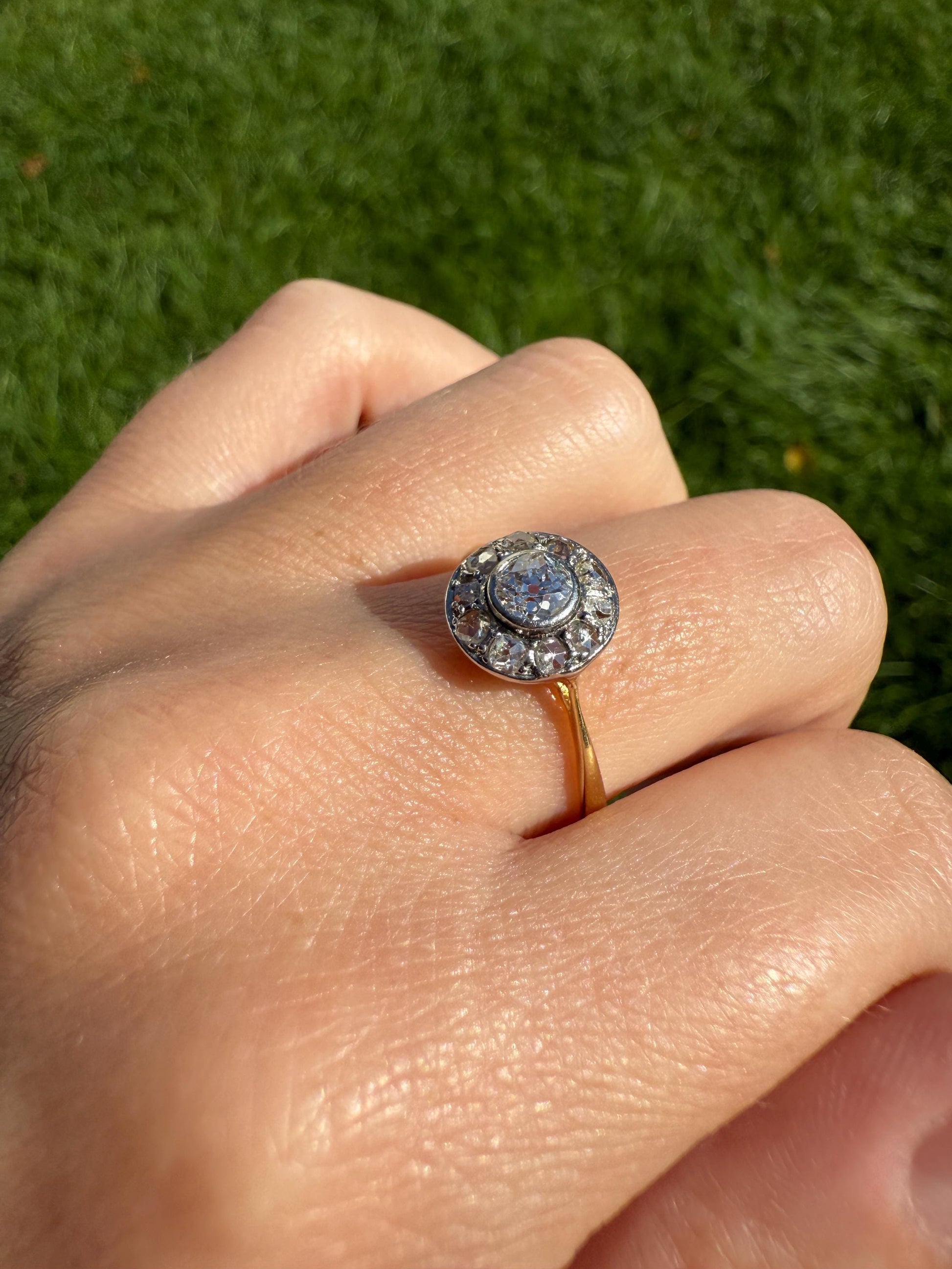 Antique Old Mine Cut Diamond Rose Cut Halo Ring 18k Gold Stacker Ring OMC Bullseye Target Romantic Gift